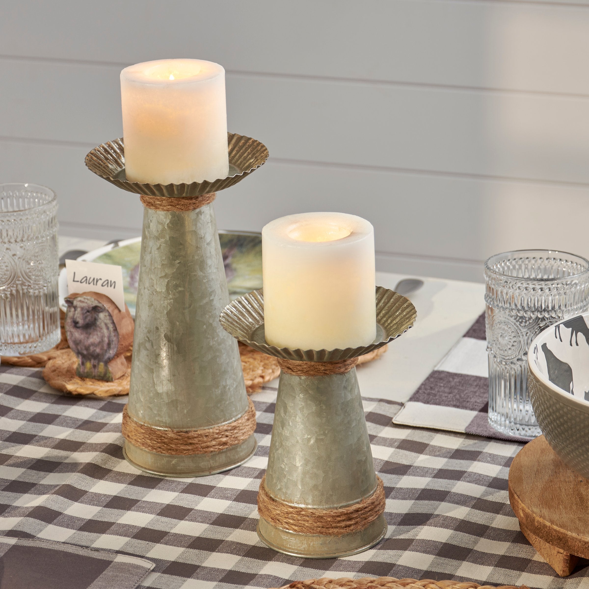 Primitive Farmhouse Galvanized Metal Jute Candle Holder Set - 2 Rustic Pieces