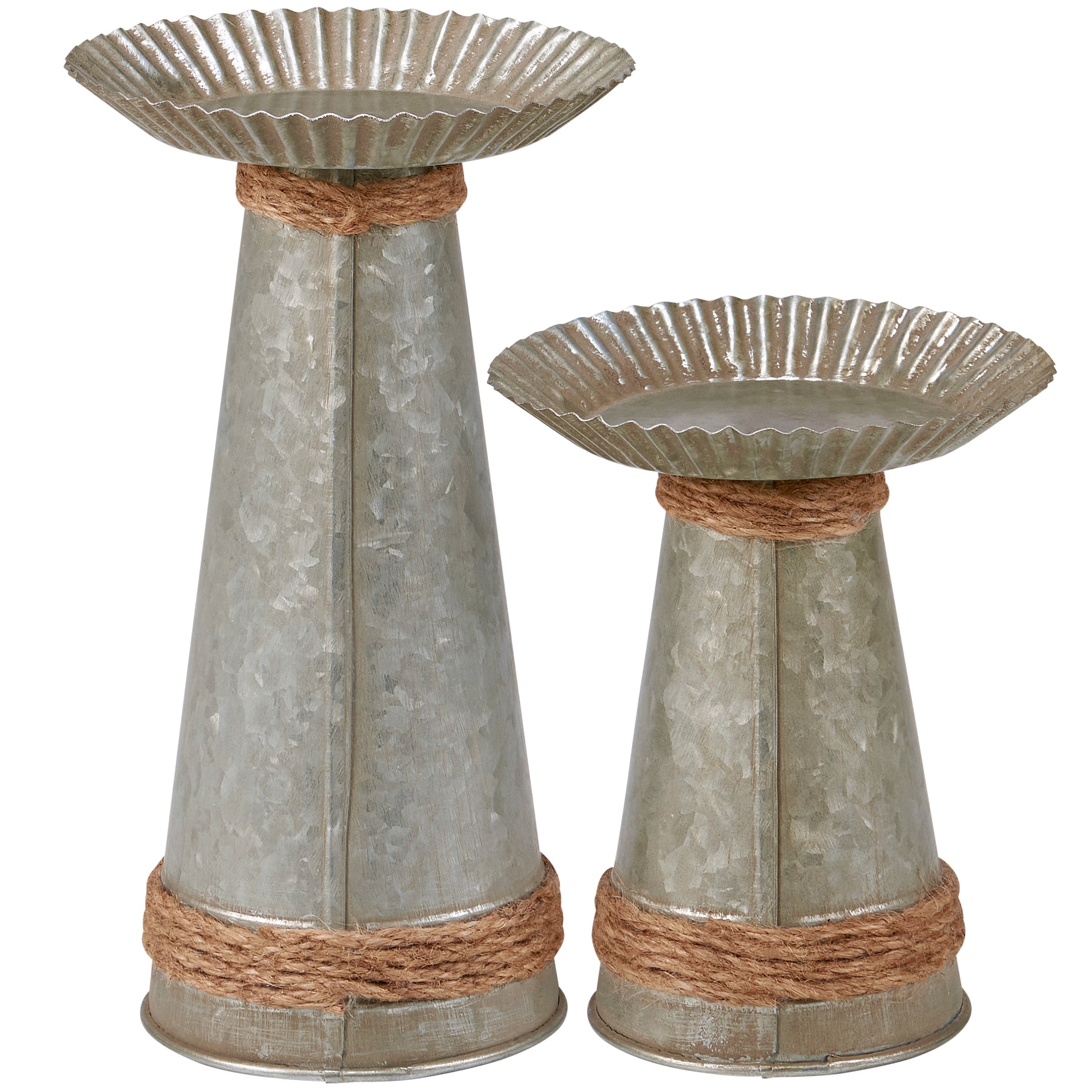 Primitive Farmhouse Galvanized Metal Jute Candle Holder Set - 2 Rustic Pieces