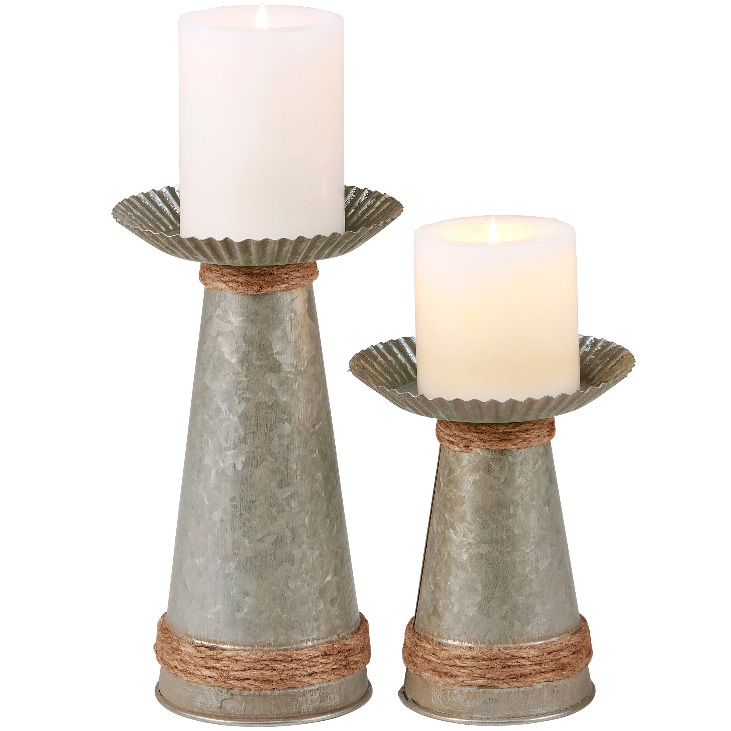 Primitive Farmhouse Galvanized Metal Jute Candle Holder Set - 2 Rustic Pieces