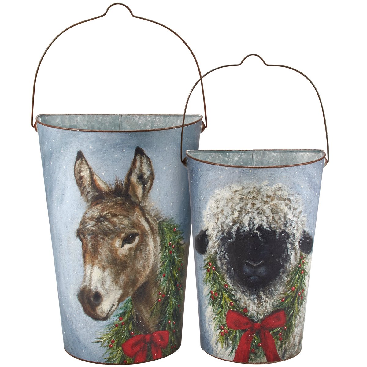Charming Christmas Animals Rustic Metal Wall Bucket Set - Festive Farmhouse Decor