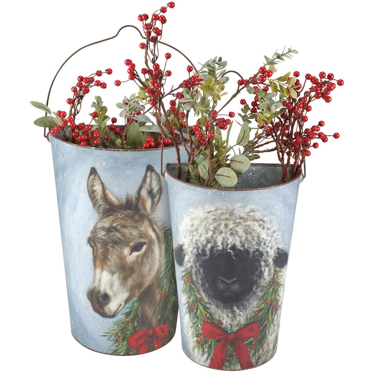Charming Christmas Animals Rustic Metal Wall Bucket Set - Festive Farmhouse Decor