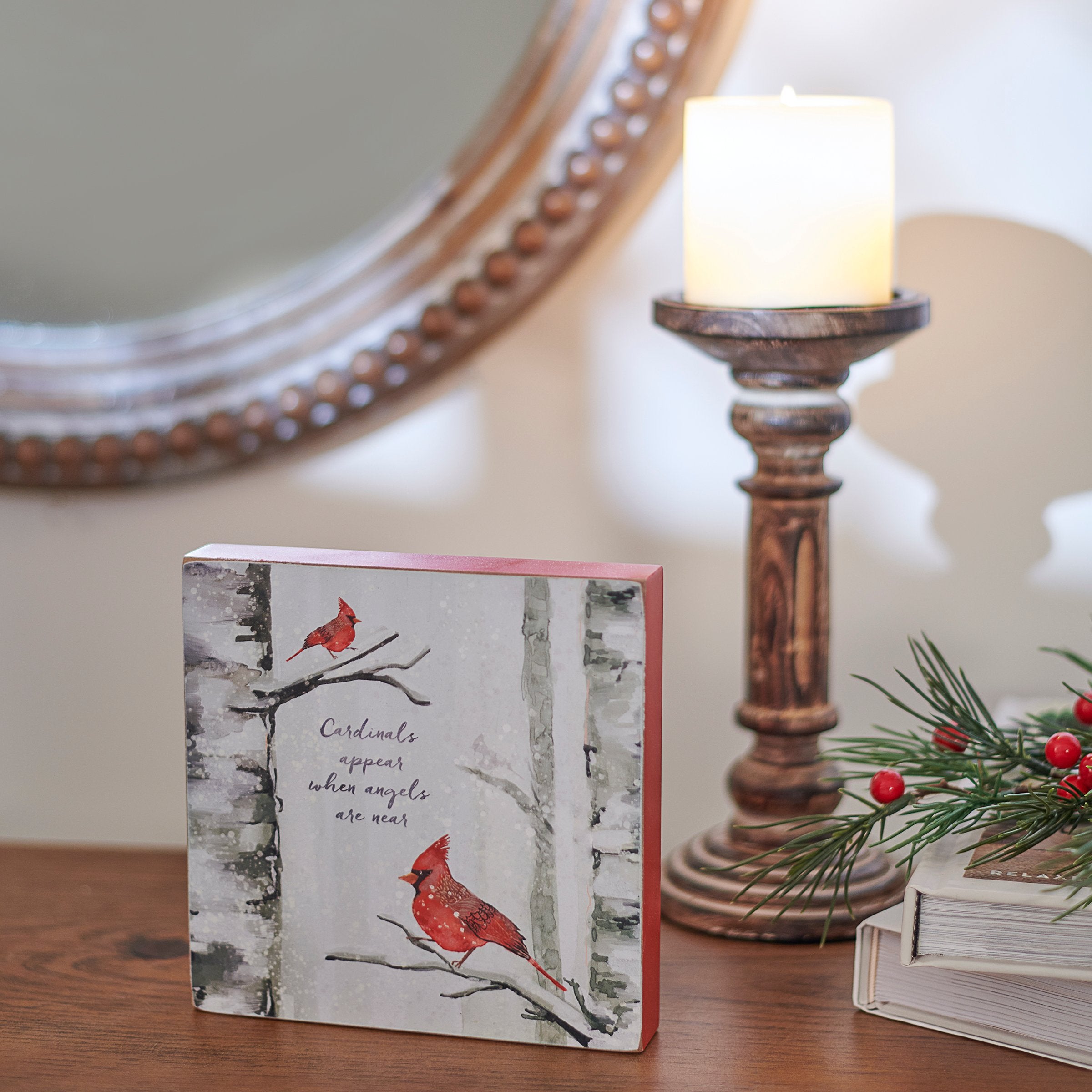 Inspirational Wooden Block Sign: Winter Cardinals Appear When Angels Are Near Decor