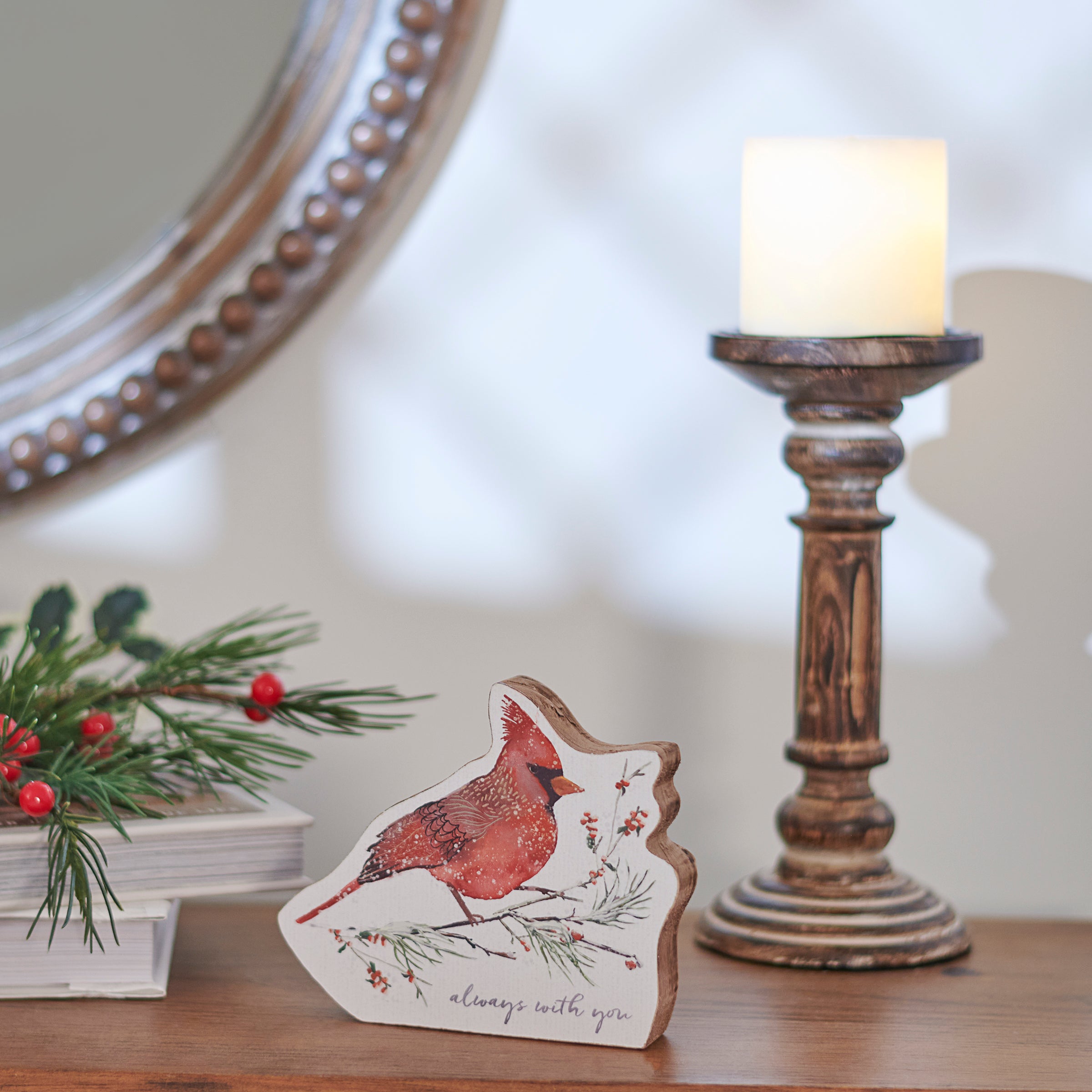 Charming Cardinal Winter Branch 'Always With You' Sentiment Chunky Sitter Decor