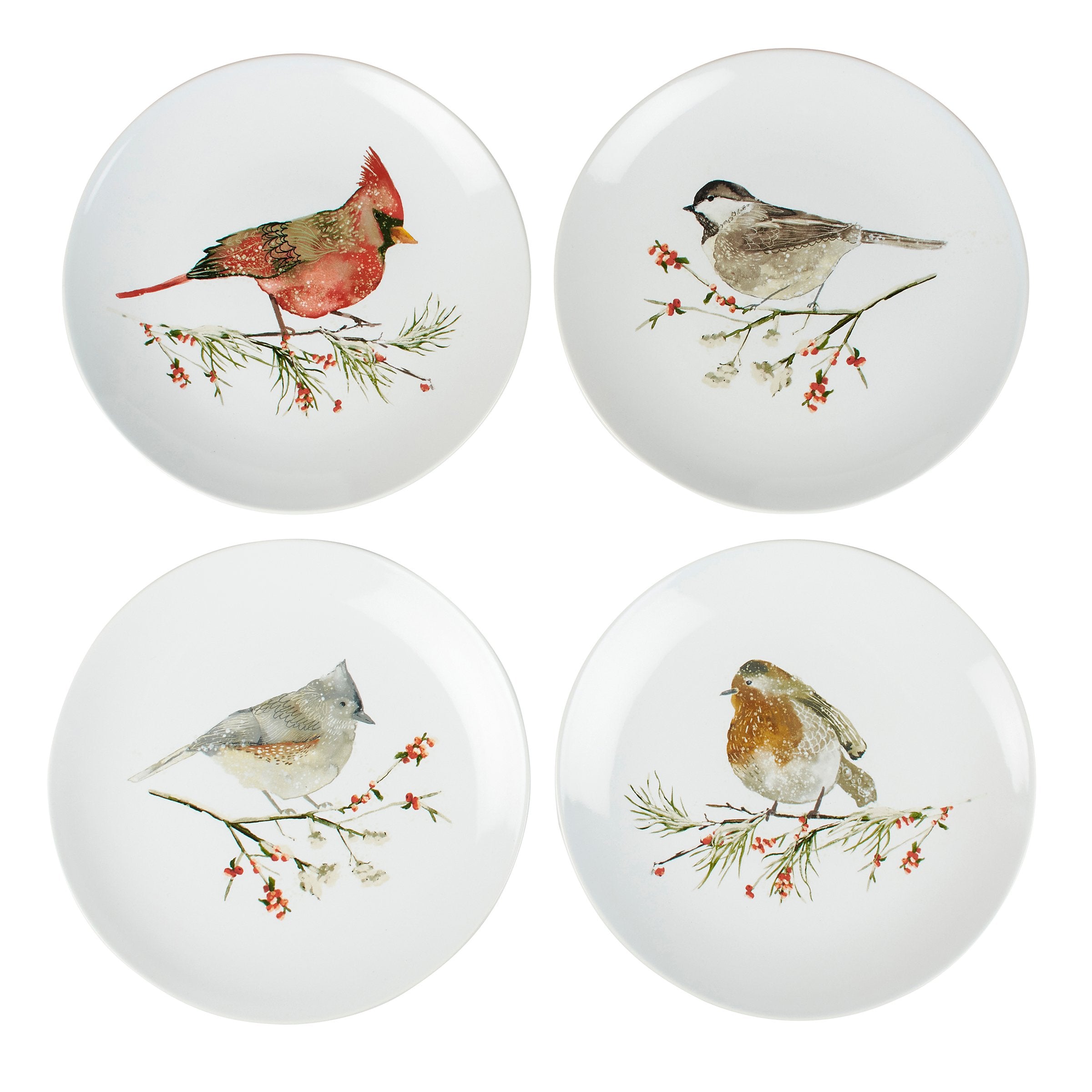 Charming Winter Birds Stoneware Plate Set with Watercolor Art, 8.5-inch Diameter, 4-Piece