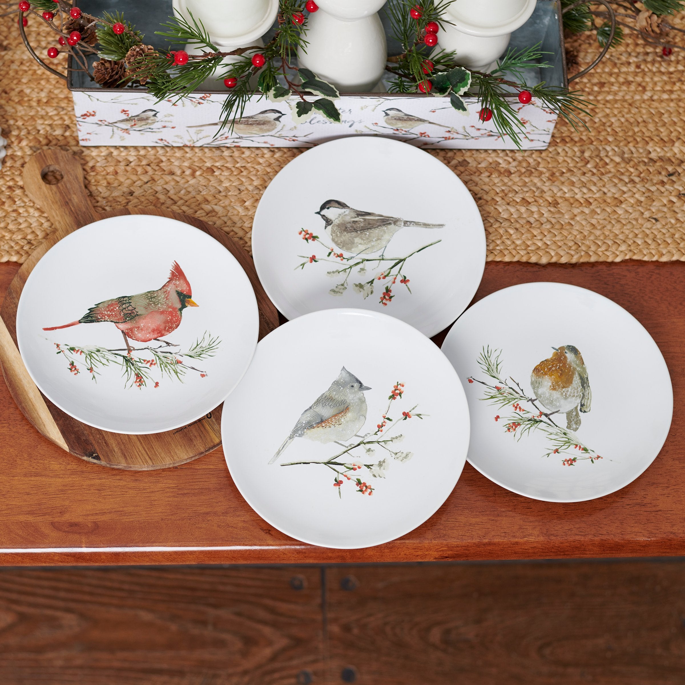 Charming Winter Birds Stoneware Plate Set with Watercolor Art, 8.5-inch Diameter, 4-Piece