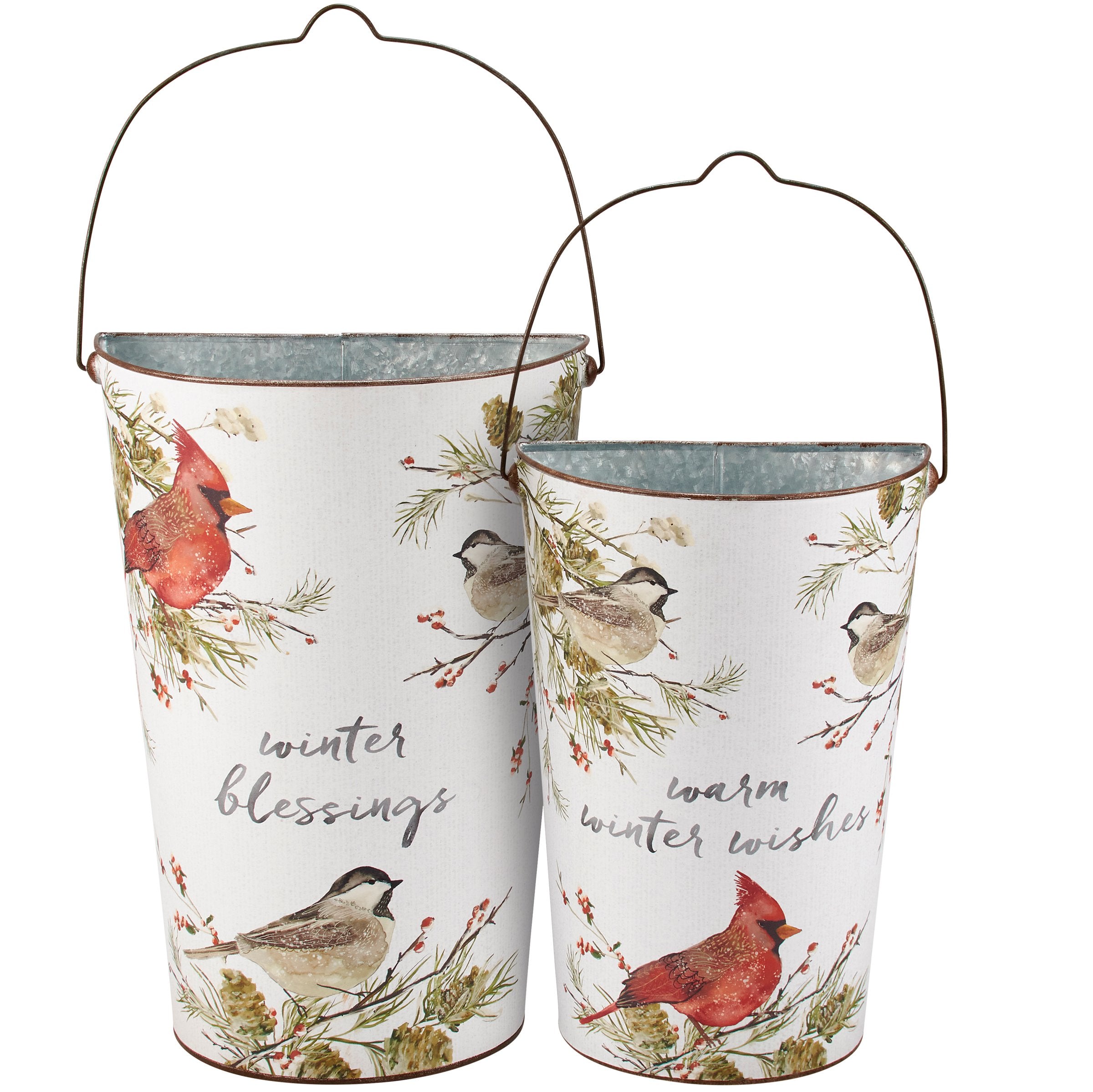 Rustic Metal Wall Bucket Set with Winter Birds & Holiday Sentiments