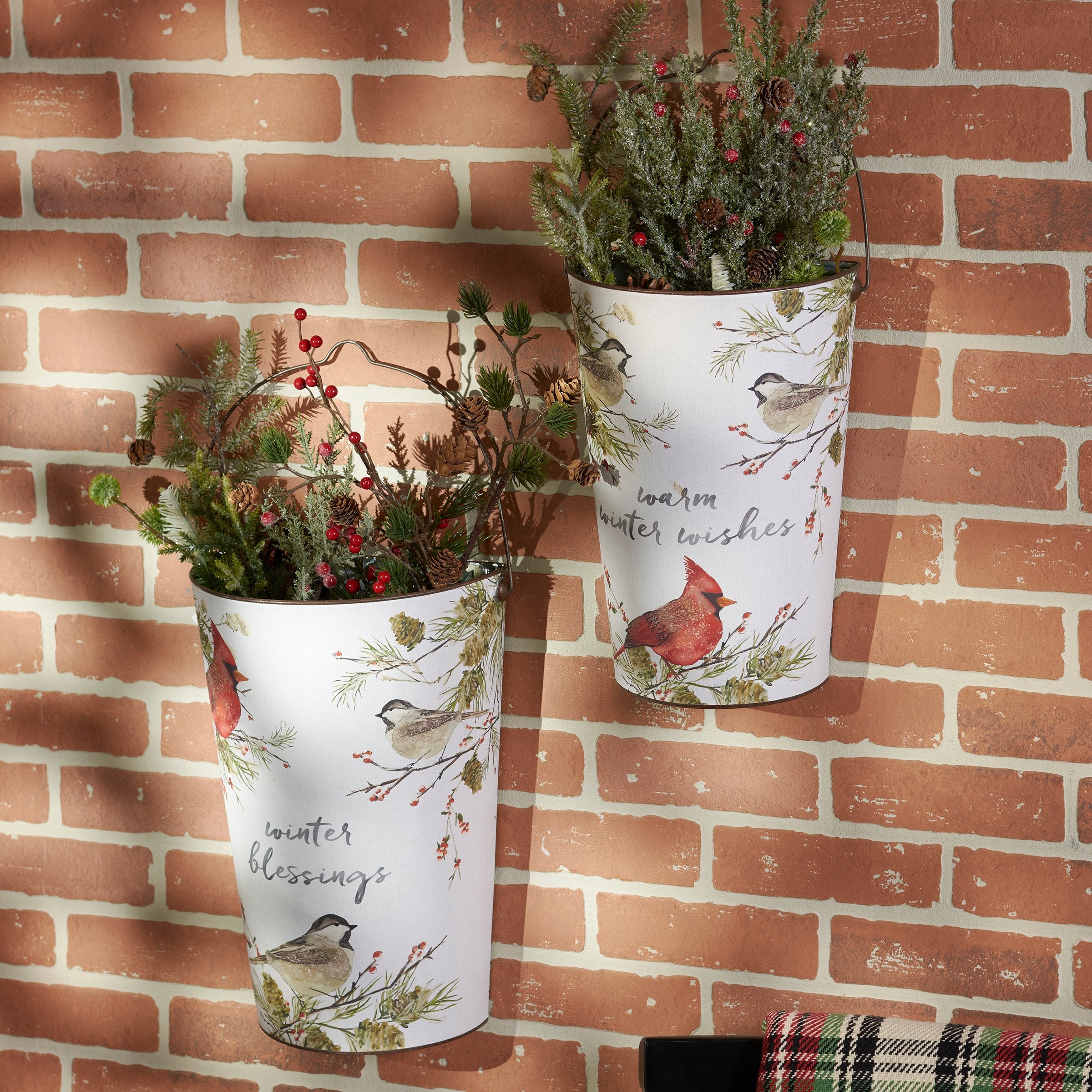 Rustic Metal Wall Bucket Set with Winter Birds & Holiday Sentiments