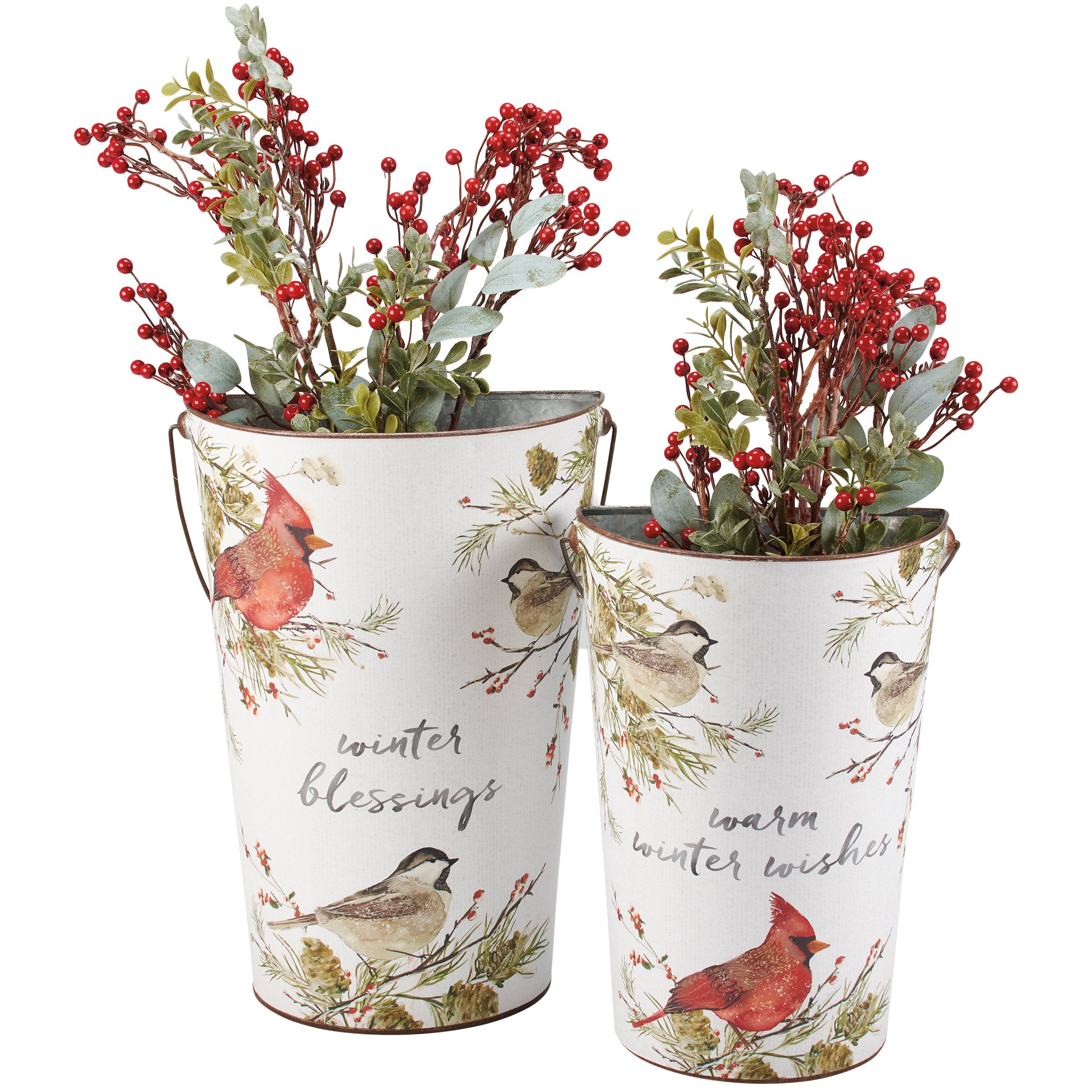 Rustic Metal Wall Bucket Set with Winter Birds & Holiday Sentiments