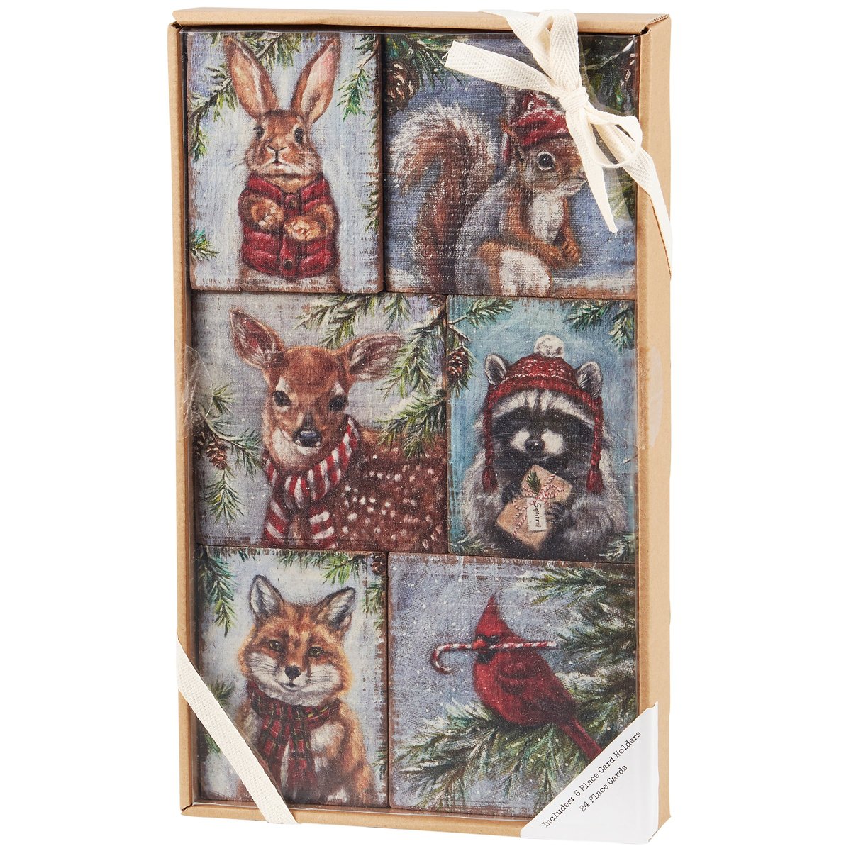 Charming Woodland Winter Animal Place Card Holder Set with 24 Custom Cards