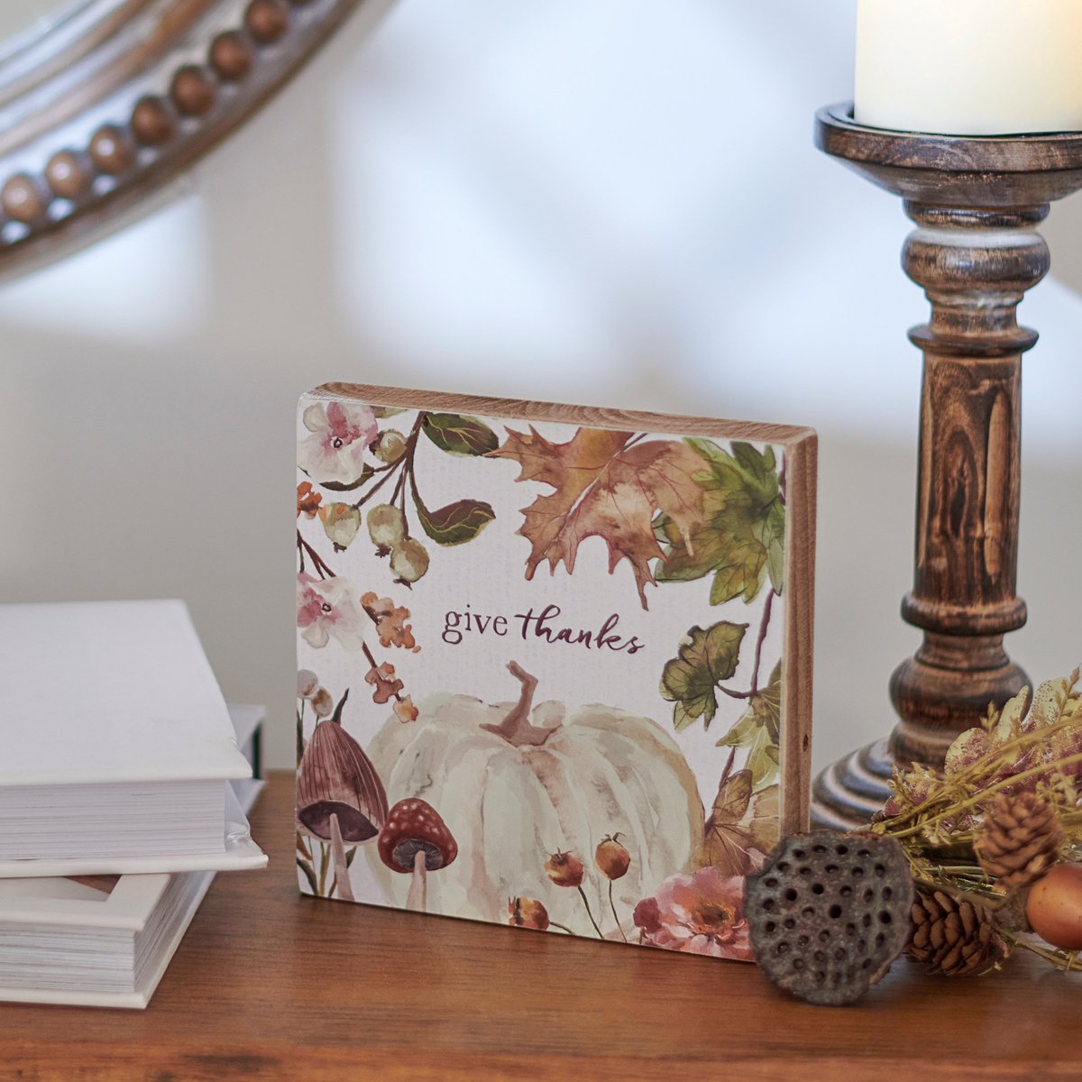 Charming Wooden 'Give Thanks' Pumpkin Block Sign for Fall & Harvest Decor