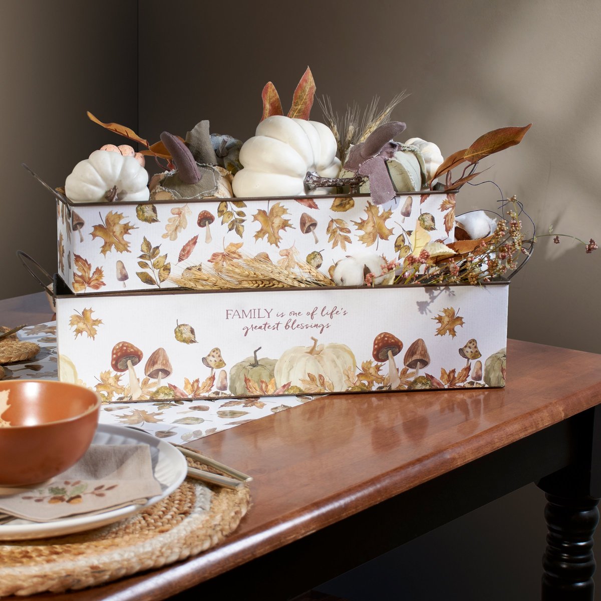 Rustic Galvanized Metal Fall Harvest Decorative Bin Set with Family Sentiment