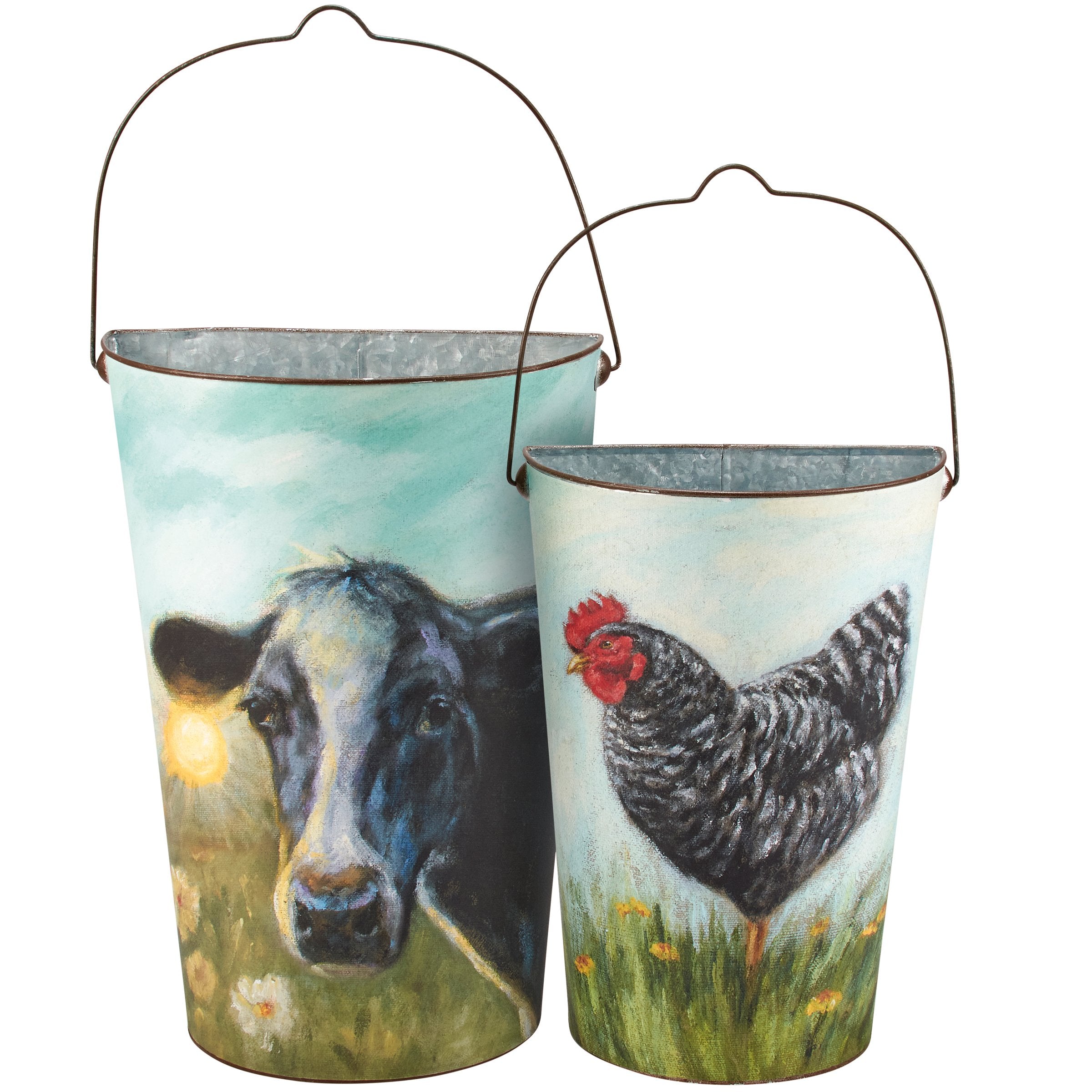 Charming Farmhouse Style Metal Wall Buckets with Hand-Painted Cow & Chicken Art Set