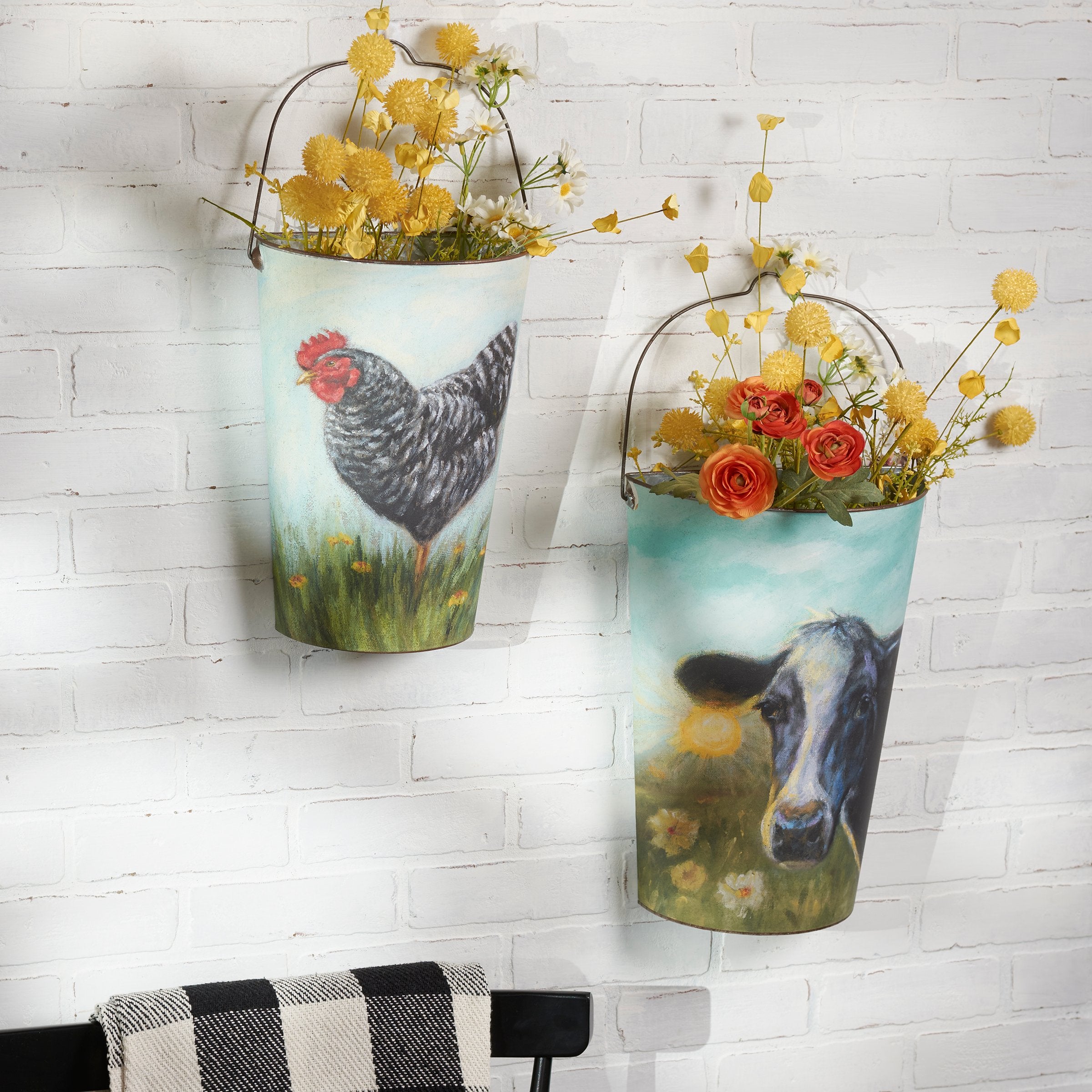 Charming Farmhouse Style Metal Wall Buckets with Hand-Painted Cow & Chicken Art Set