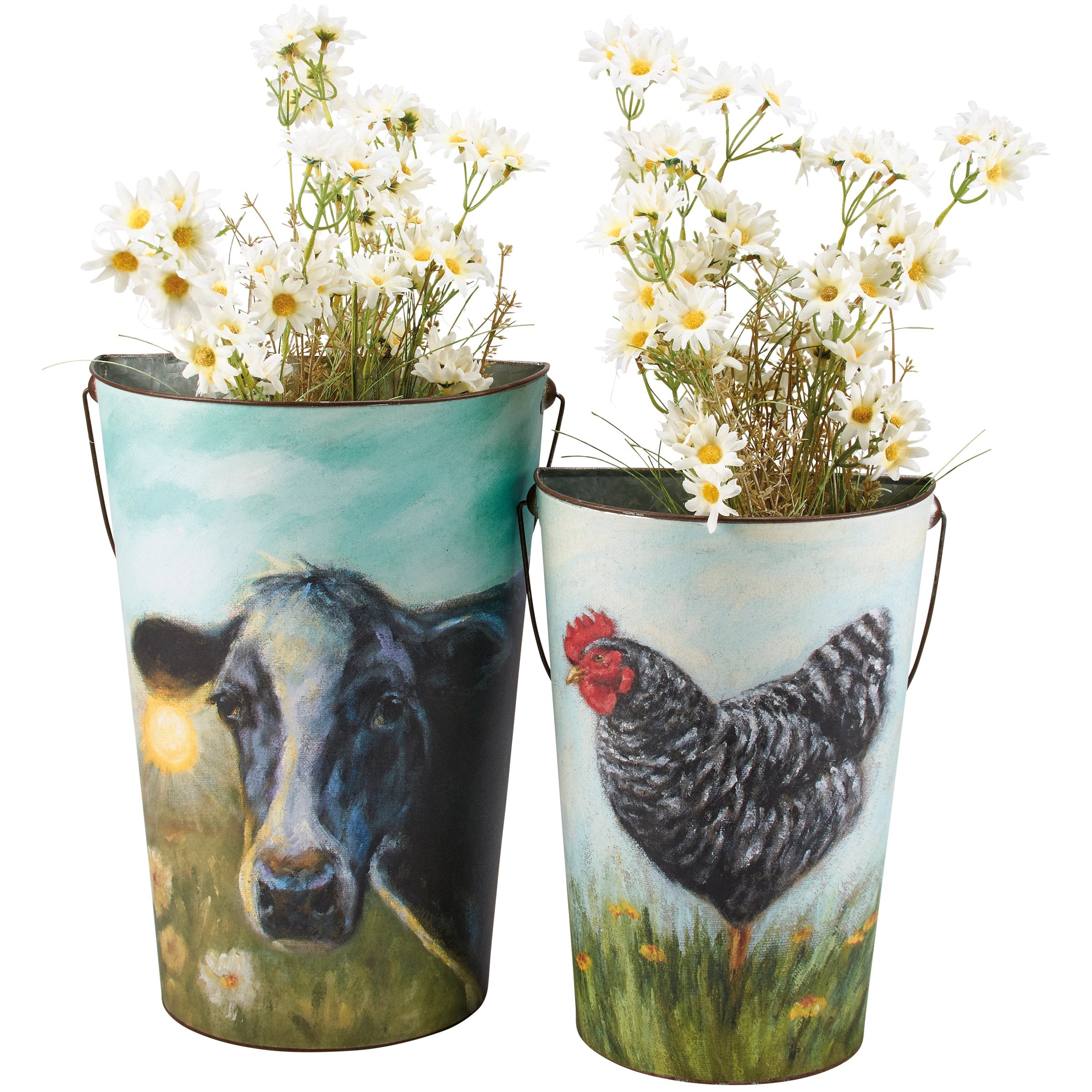 Charming Farmhouse Style Metal Wall Buckets with Hand-Painted Cow & Chicken Art Set