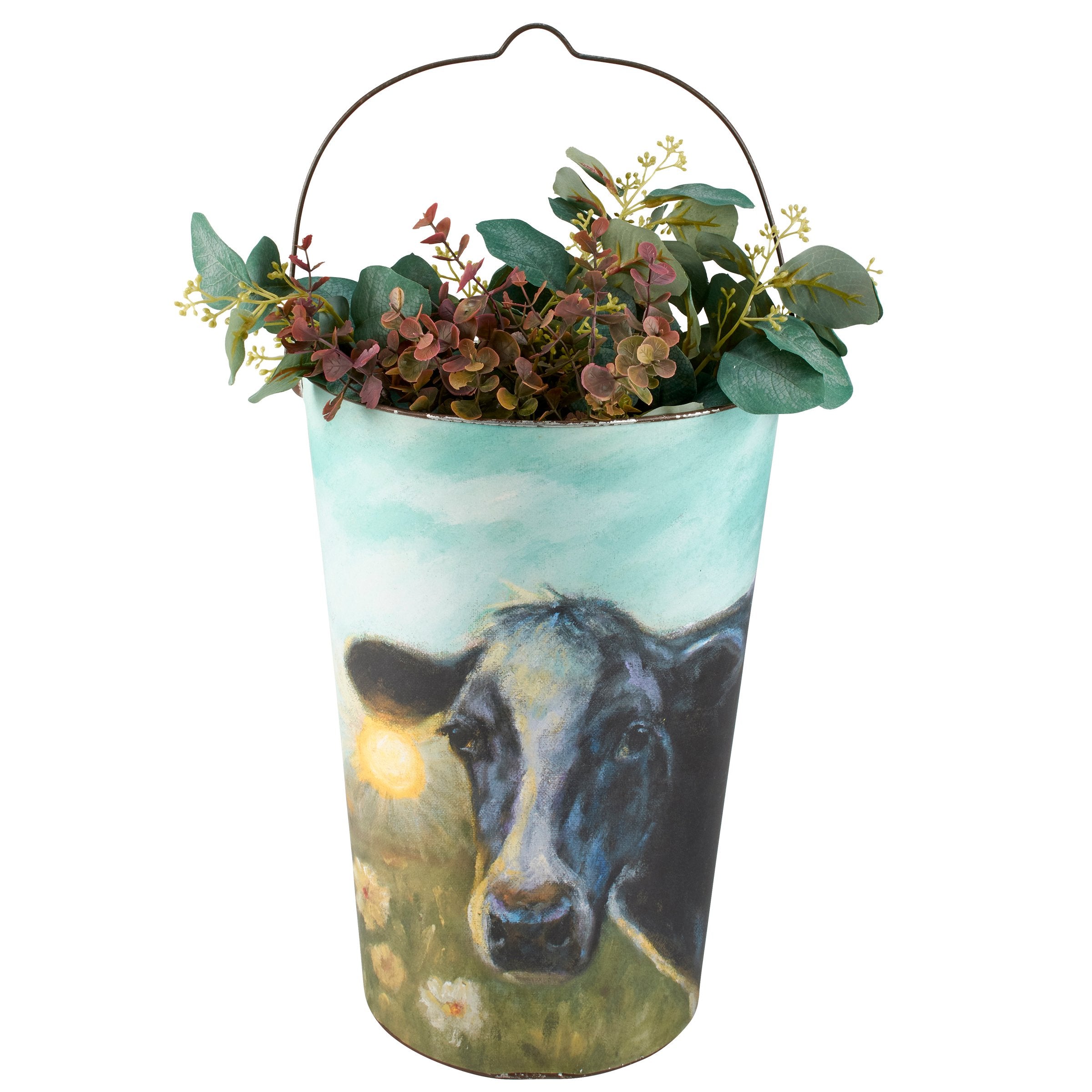 Charming Farmhouse Style Metal Wall Buckets with Hand-Painted Cow & Chicken Art Set
