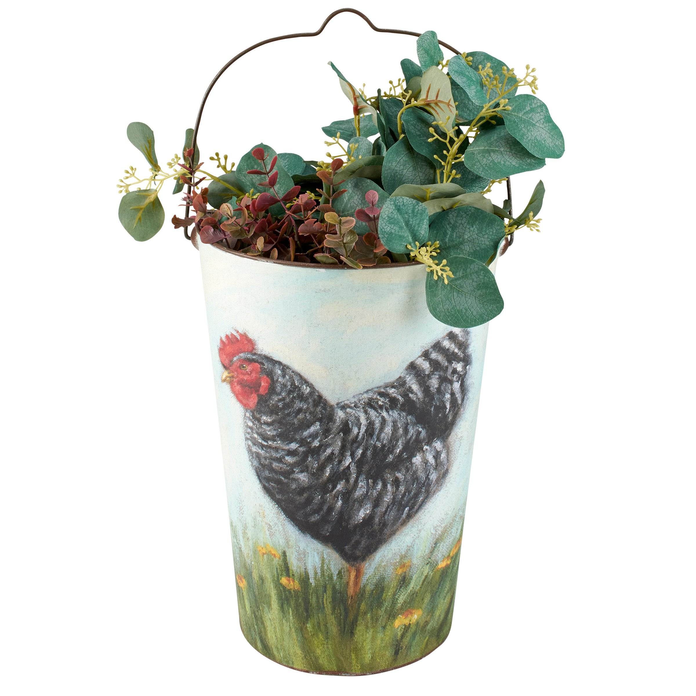 Charming Farmhouse Style Metal Wall Buckets with Hand-Painted Cow & Chicken Art Set