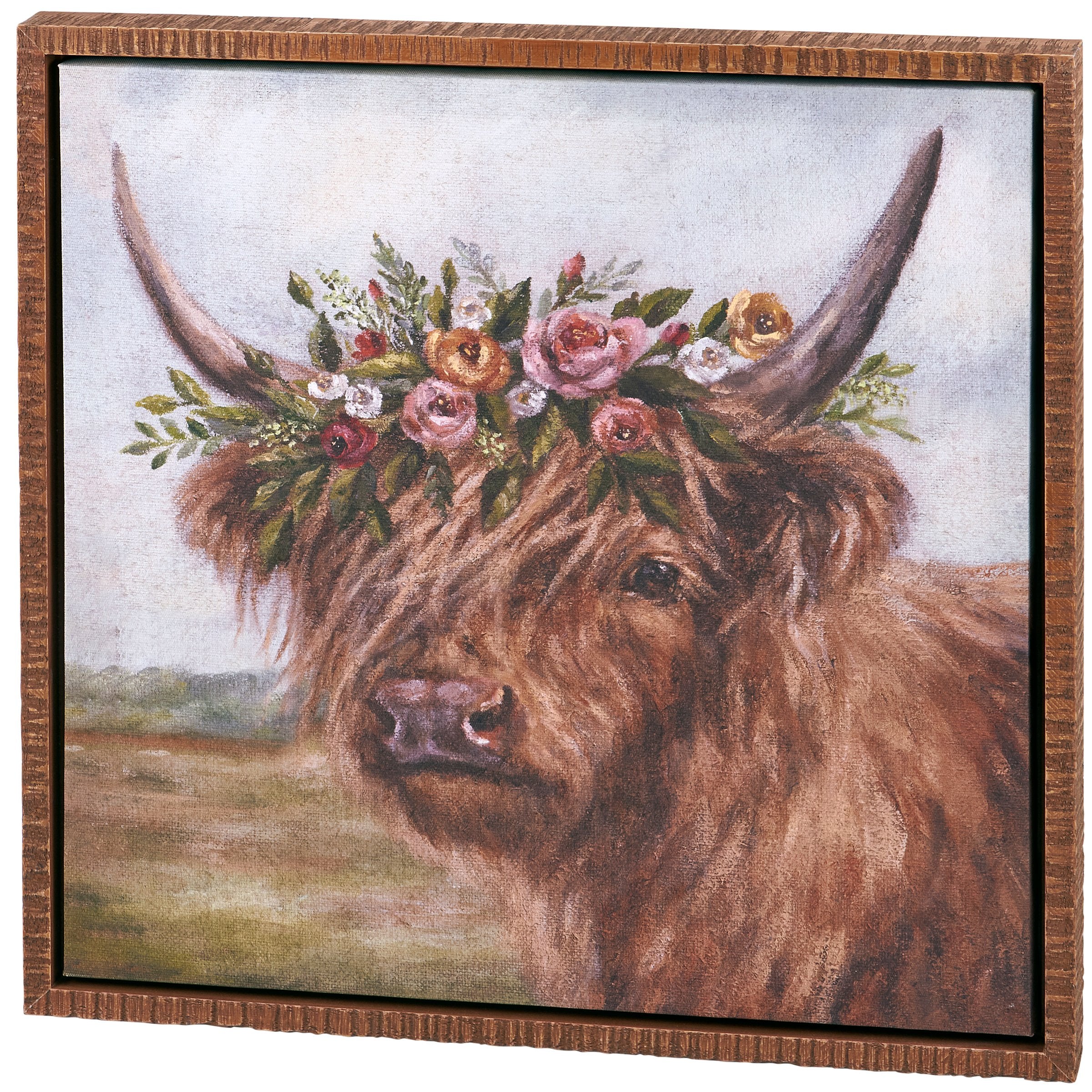 Charming Floral Highland Cow Canvas Wall Art - Rustic Farmhouse Spring Decor