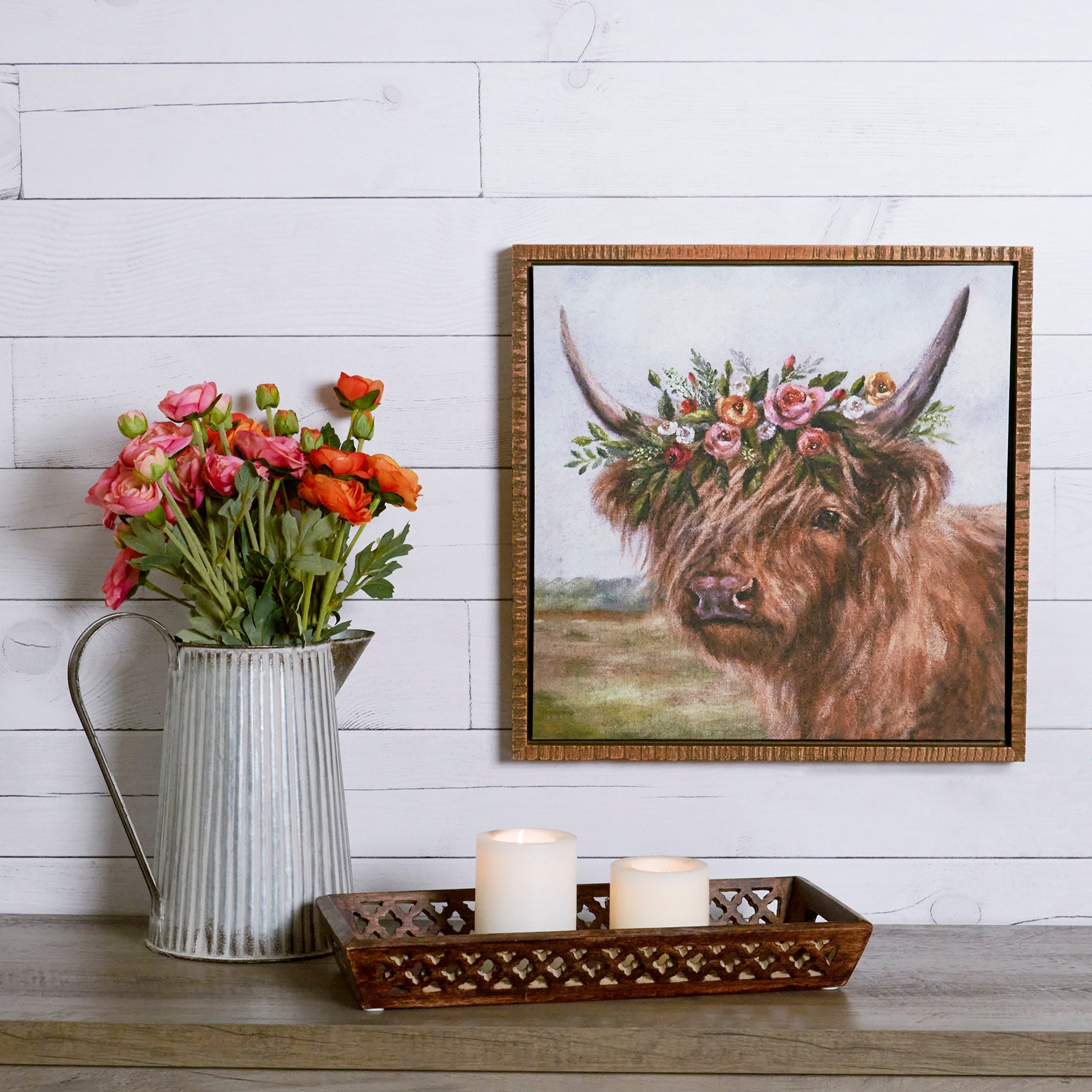 Charming Floral Highland Cow Canvas Wall Art - Rustic Farmhouse Spring Decor