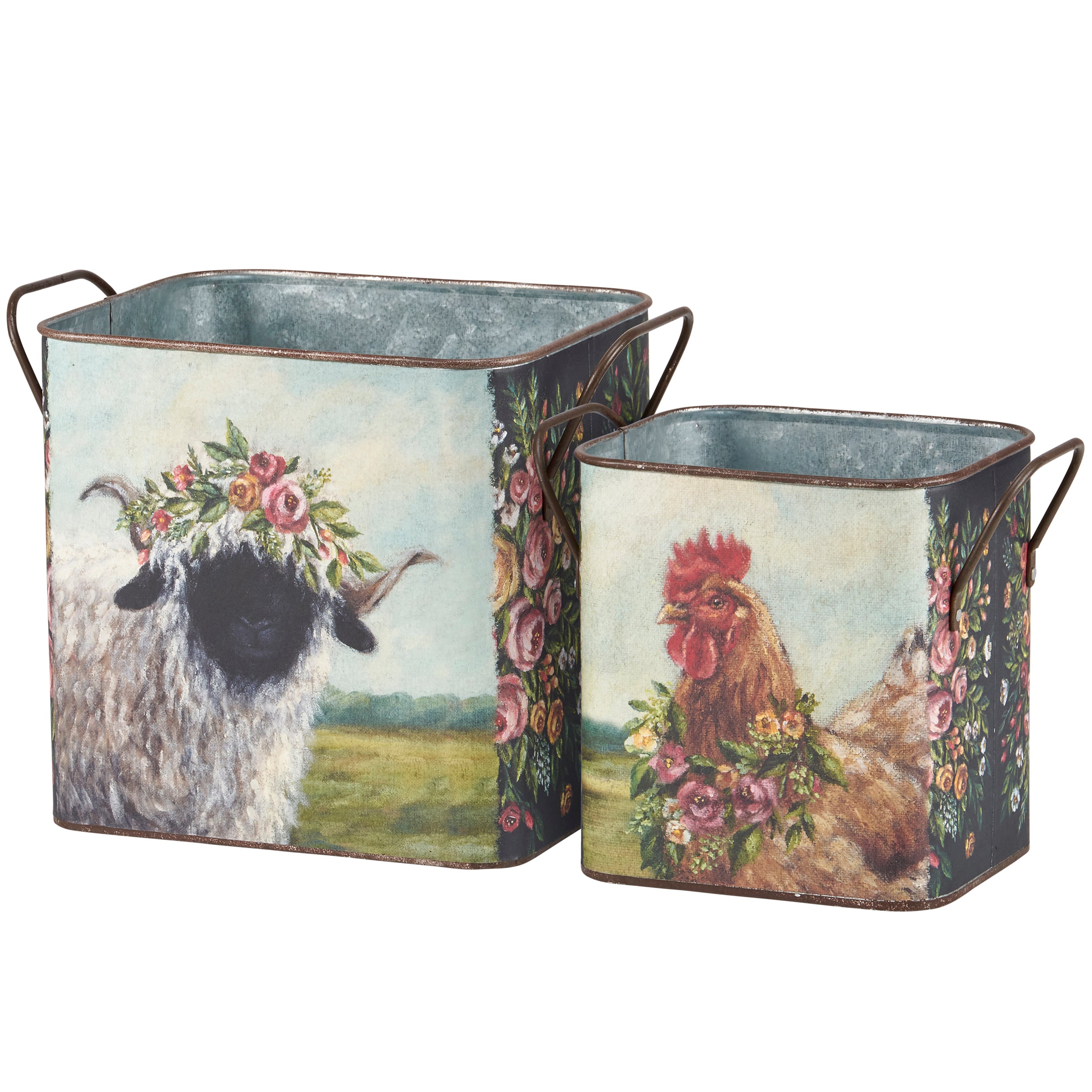 Charming Farm Animals Floral Galvanized Metal Bin Set for Spring Decor