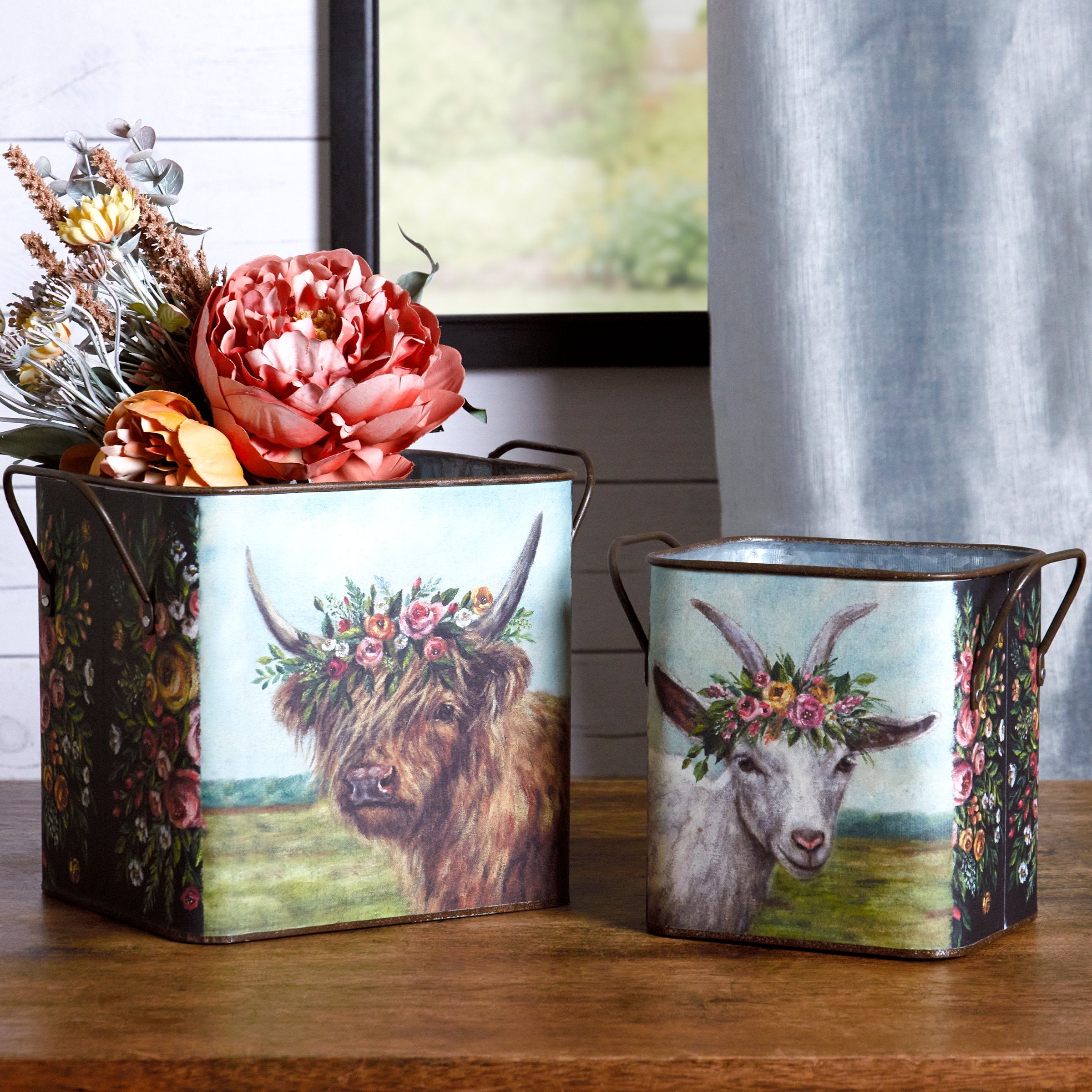 Charming Farm Animals Floral Galvanized Metal Bin Set for Spring Decor