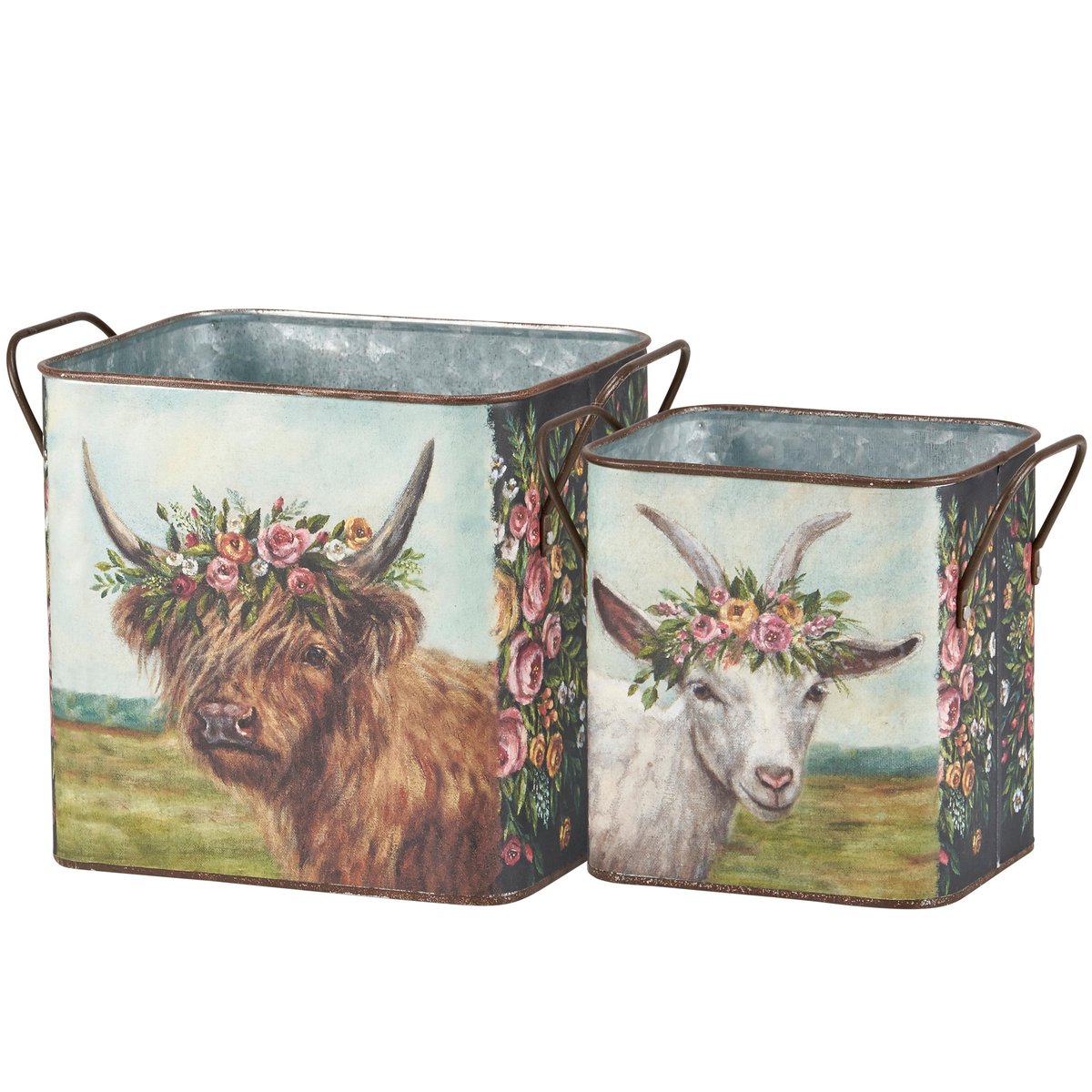 Charming Farm Animals Floral Galvanized Metal Bin Set for Spring Decor
