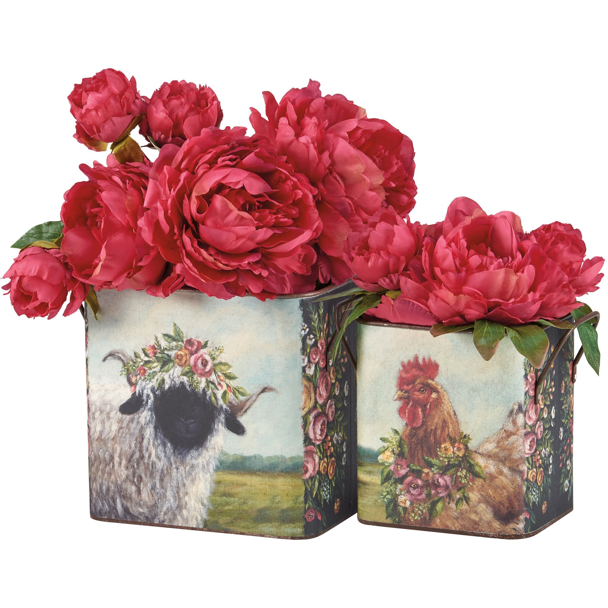 Charming Farm Animals Floral Galvanized Metal Bin Set for Spring Decor