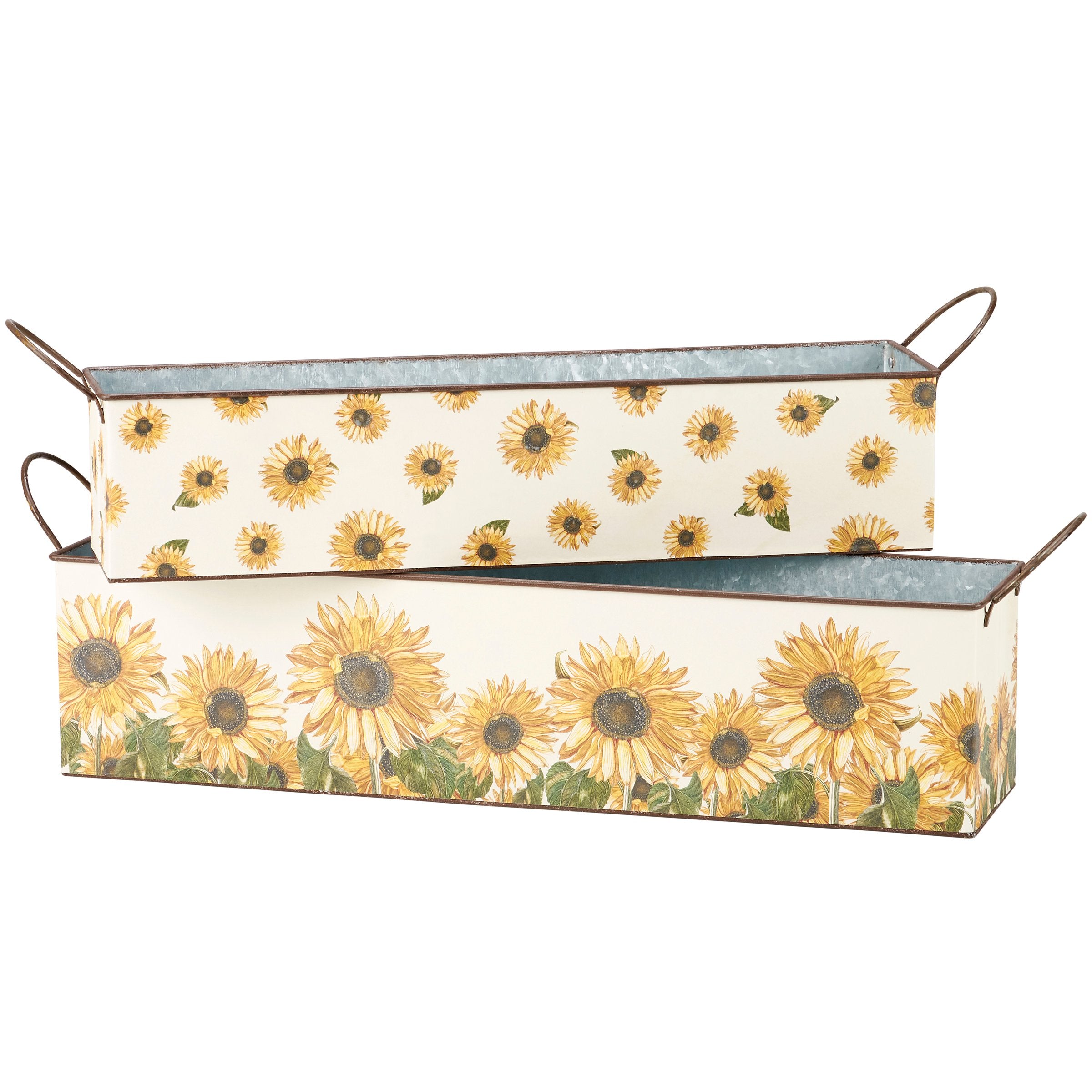 Galvanized Metal Decorative Sunflower Storage Bin Set with Handles