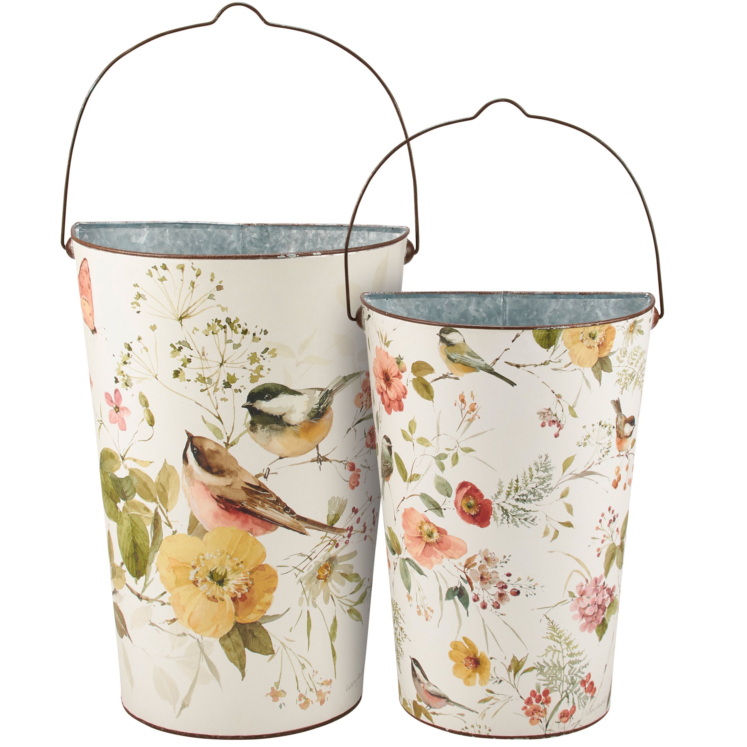 Charming Chickadee Watercolor Metal Wall Buckets Set - Spring Floral Home Accent