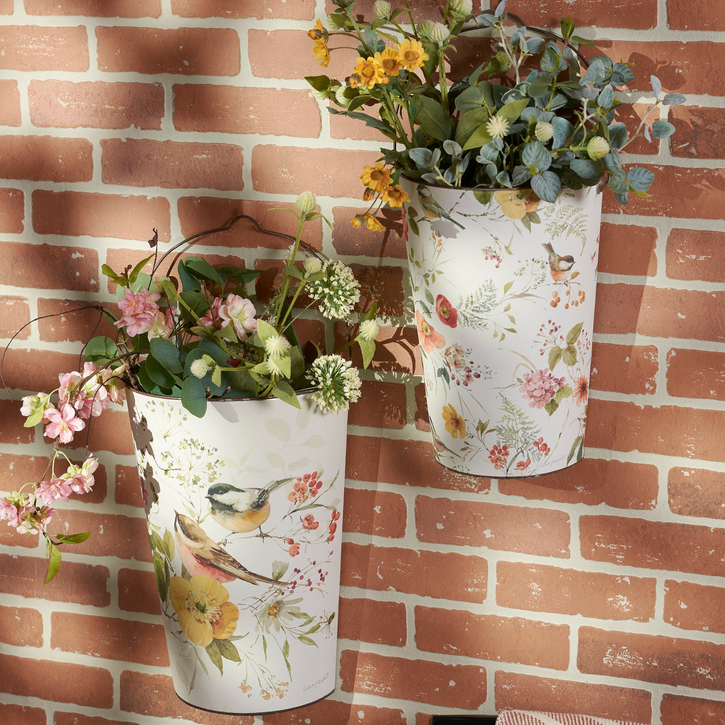 Charming Chickadee Watercolor Metal Wall Buckets Set - Spring Floral Home Accent