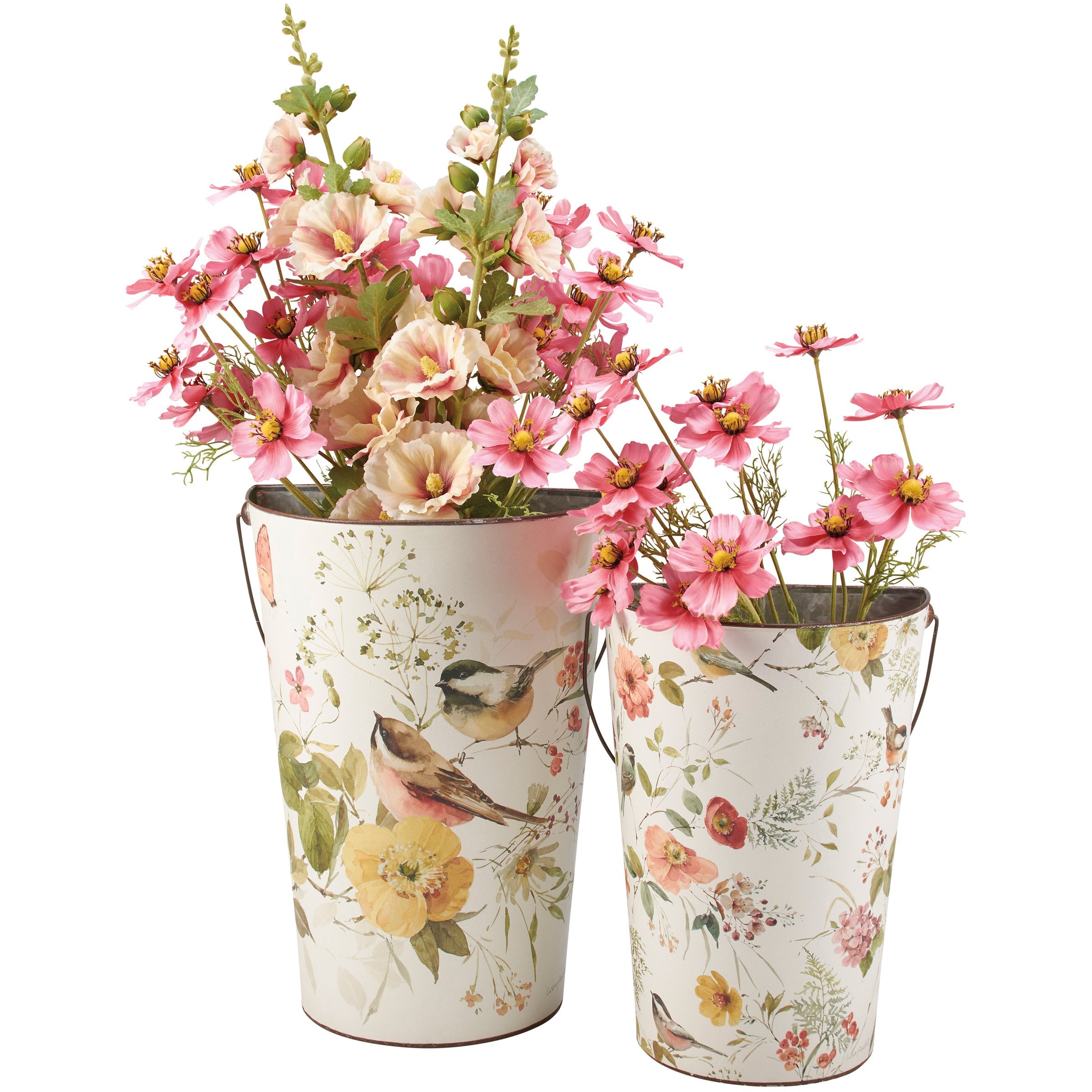 Charming Chickadee Watercolor Metal Wall Buckets Set - Spring Floral Home Accent
