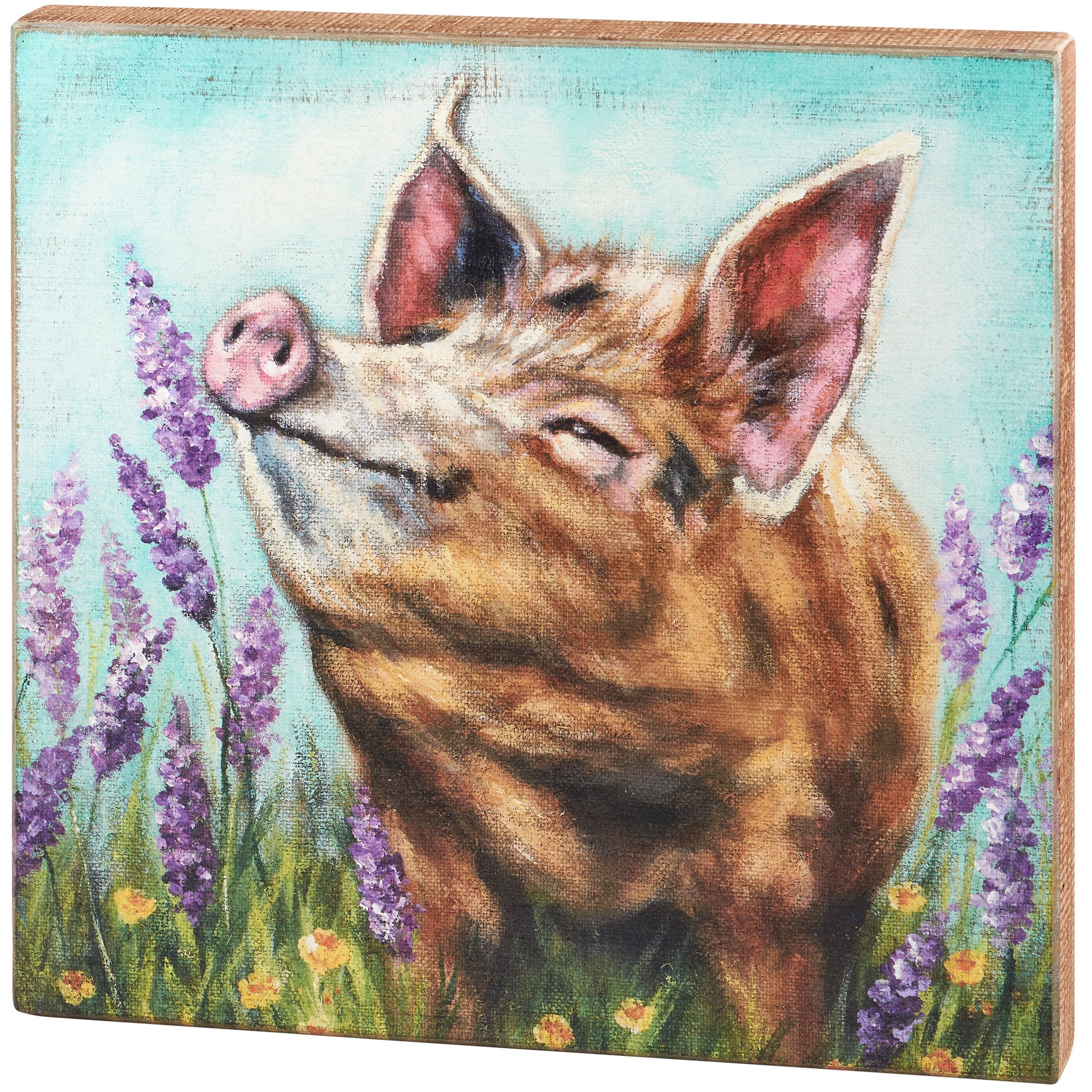 Rustic Farmhouse Wooden Box Sign with Hand-Painted Lavender Pig Art Decor