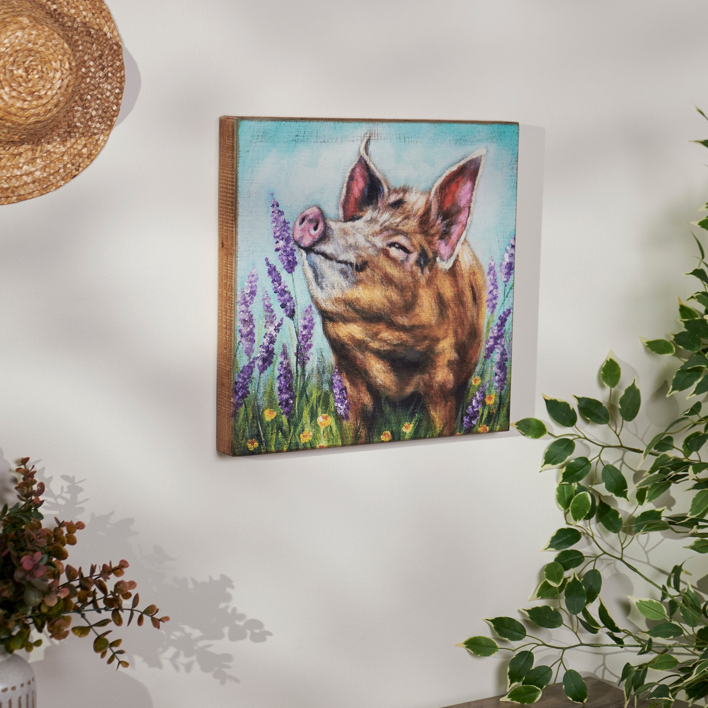 Rustic Farmhouse Wooden Box Sign with Hand-Painted Lavender Pig Art Decor