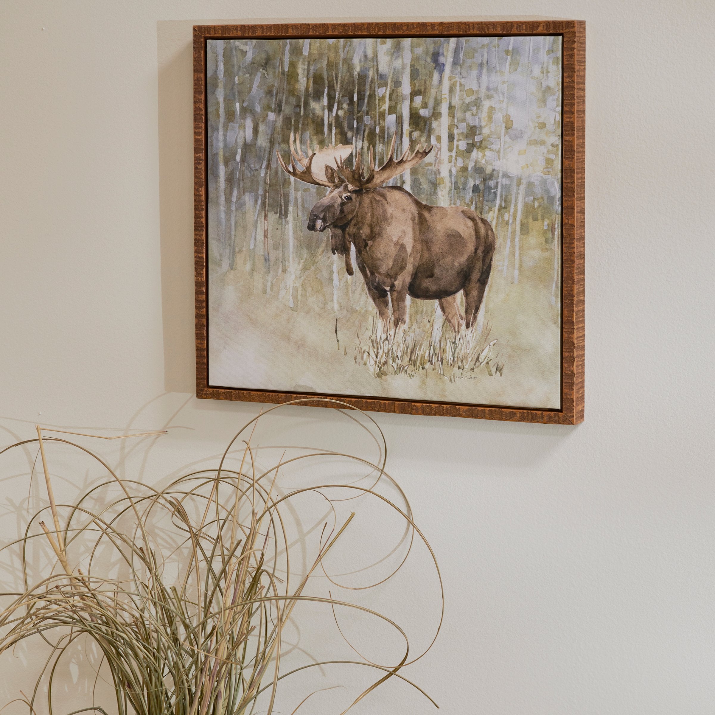 Majestic Moose Canvas Wall Art: Rustic Wildlife Forest Decor with Natural Wood Frame