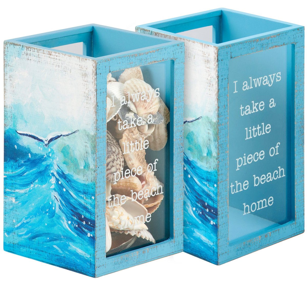 Charming Double-Sided Wooden Beach Shell Holder with Ocean Wave Art & Keepsake Display