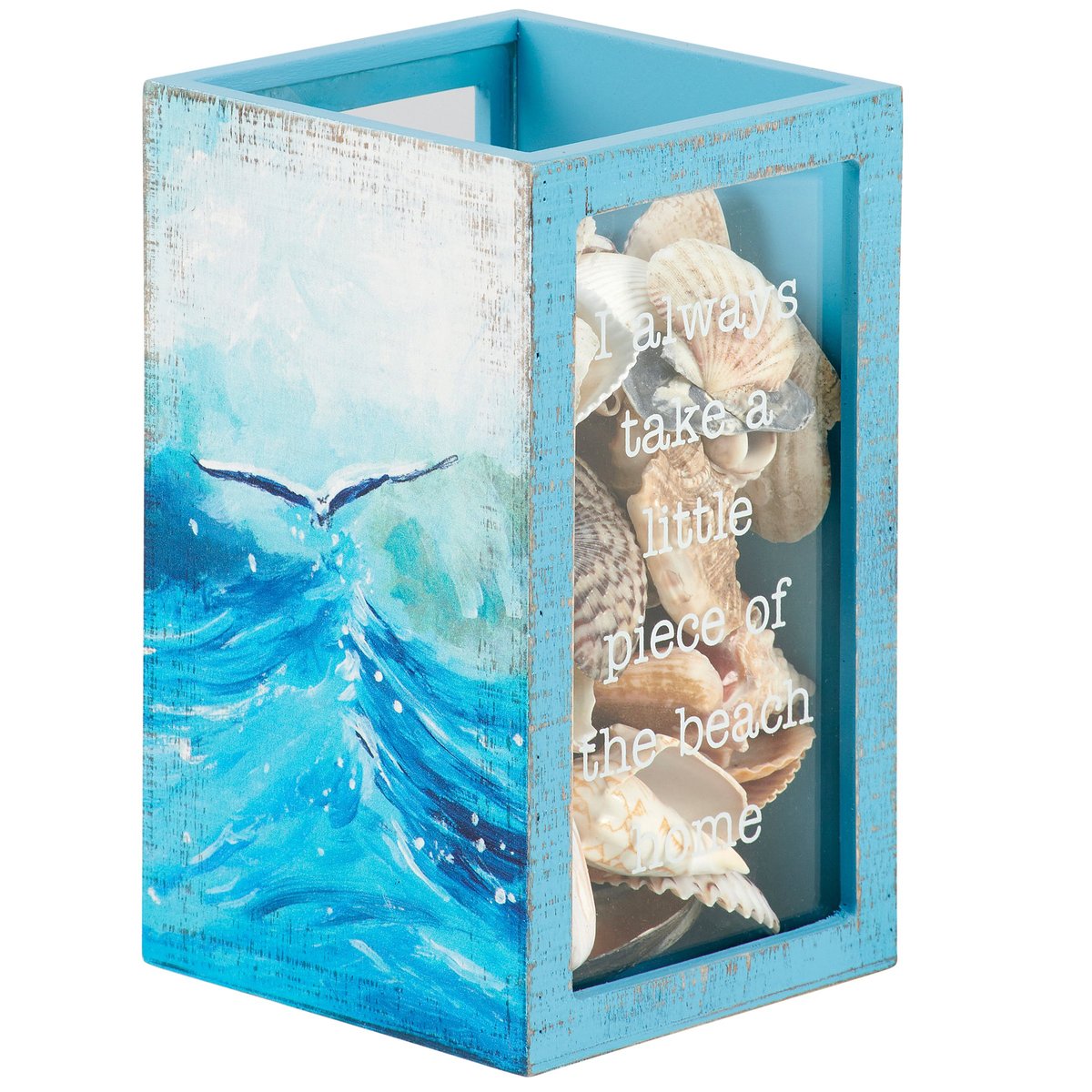 Charming Double-Sided Wooden Beach Shell Holder with Ocean Wave Art & Keepsake Display