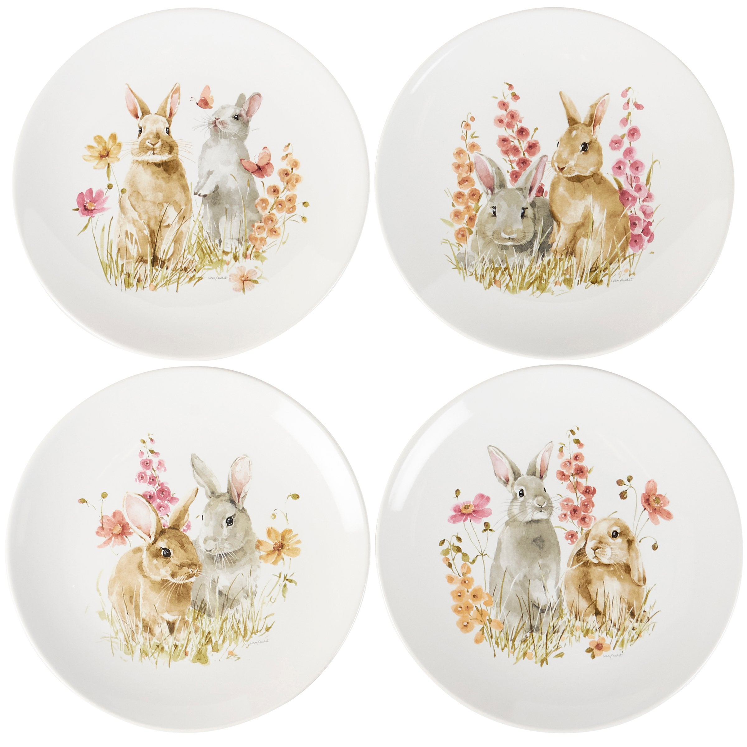 Charming Watercolor Flower Bunnies Stoneware Plate Set - 8-Inch Easter Spring Collection