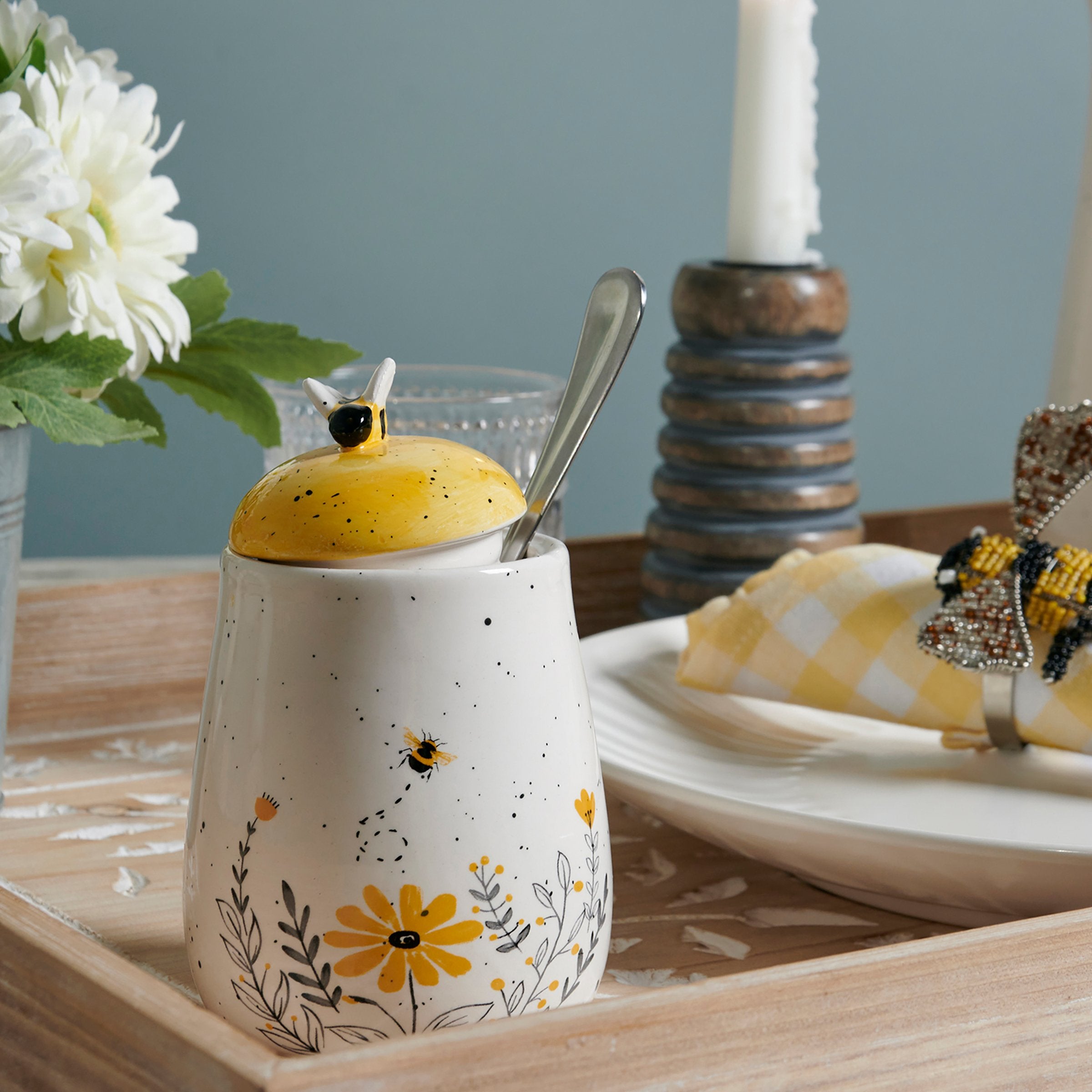 Charming Bee Garden Stoneware Sugar Bowl with Sculpted Honeycomb Lid