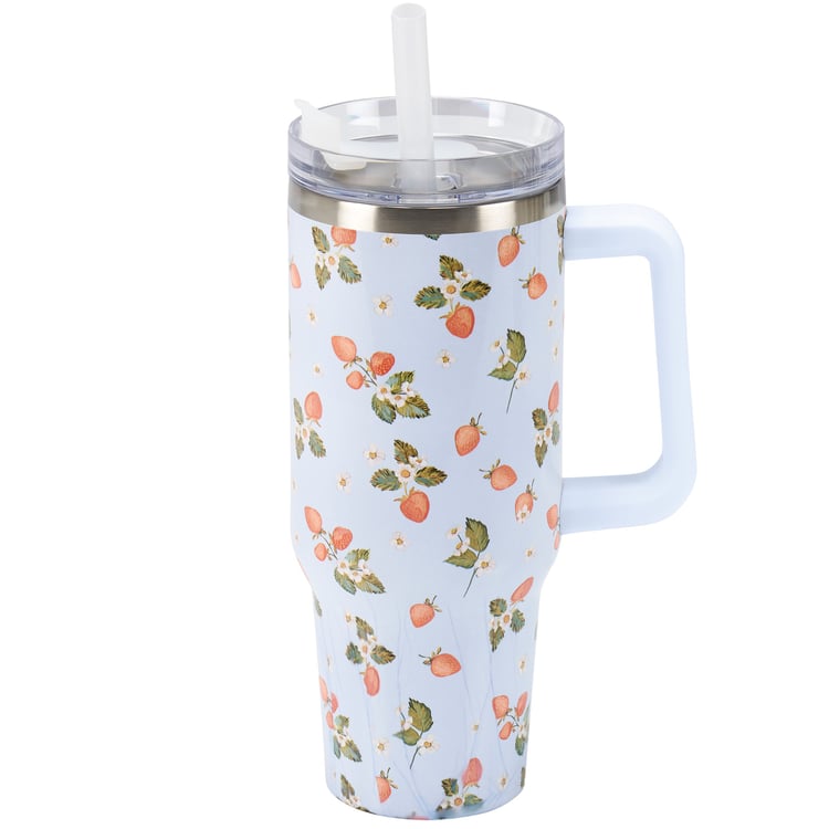 40oz Stainless Steel Strawberry Insulated Travel Mug with Handle and Straw