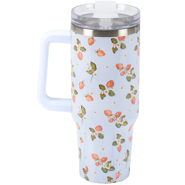 40oz Stainless Steel Strawberry Insulated Travel Mug with Handle and Straw