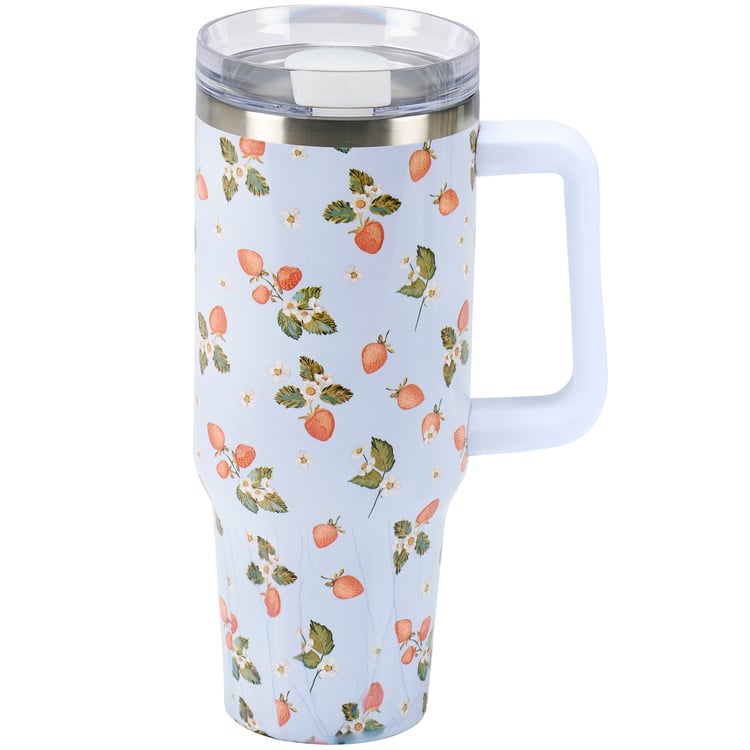 40oz Stainless Steel Strawberry Insulated Travel Mug with Handle and Straw