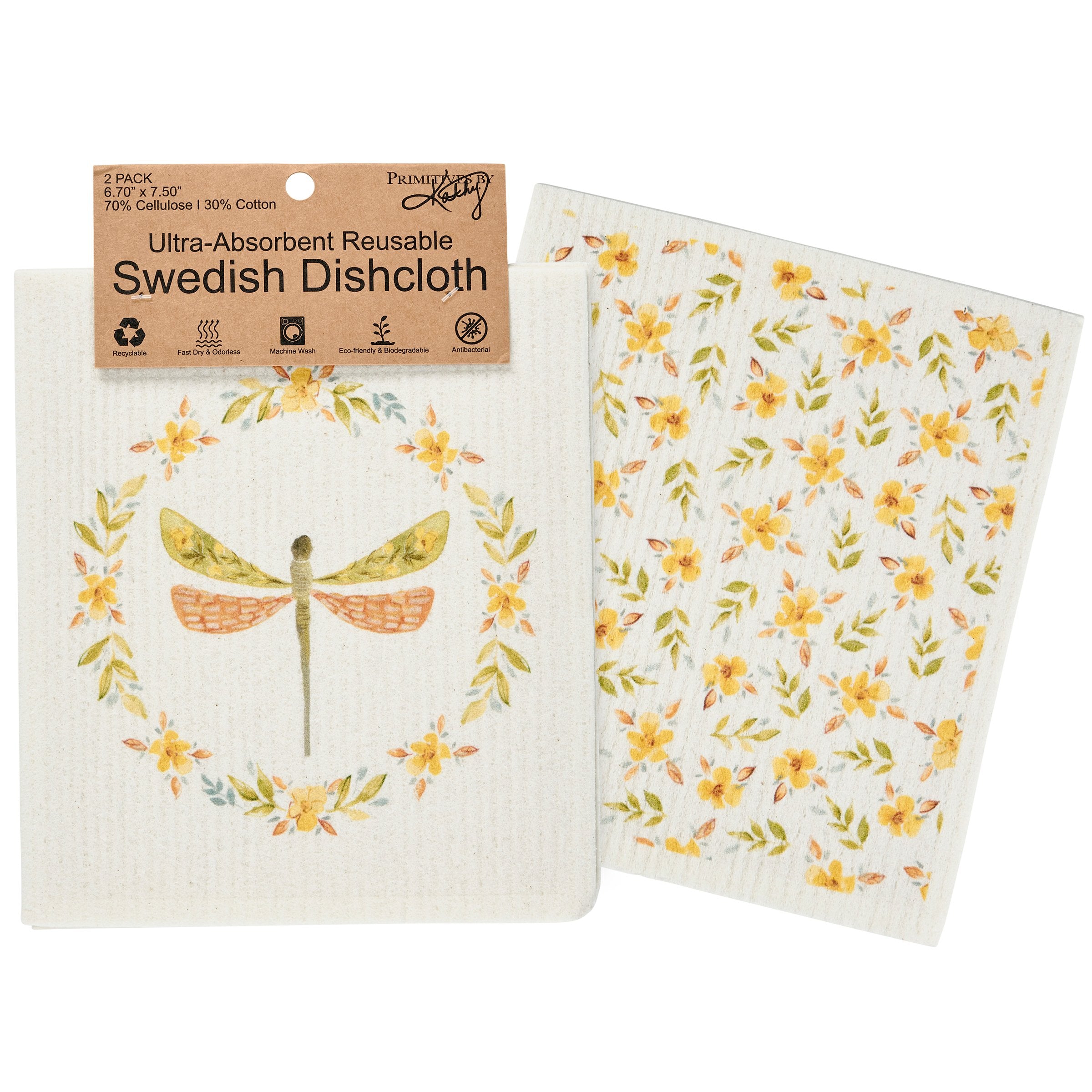 Eco-Friendly Swedish Dishcloth Set with Charming Dragonfly & Floral Art, 2-Pack