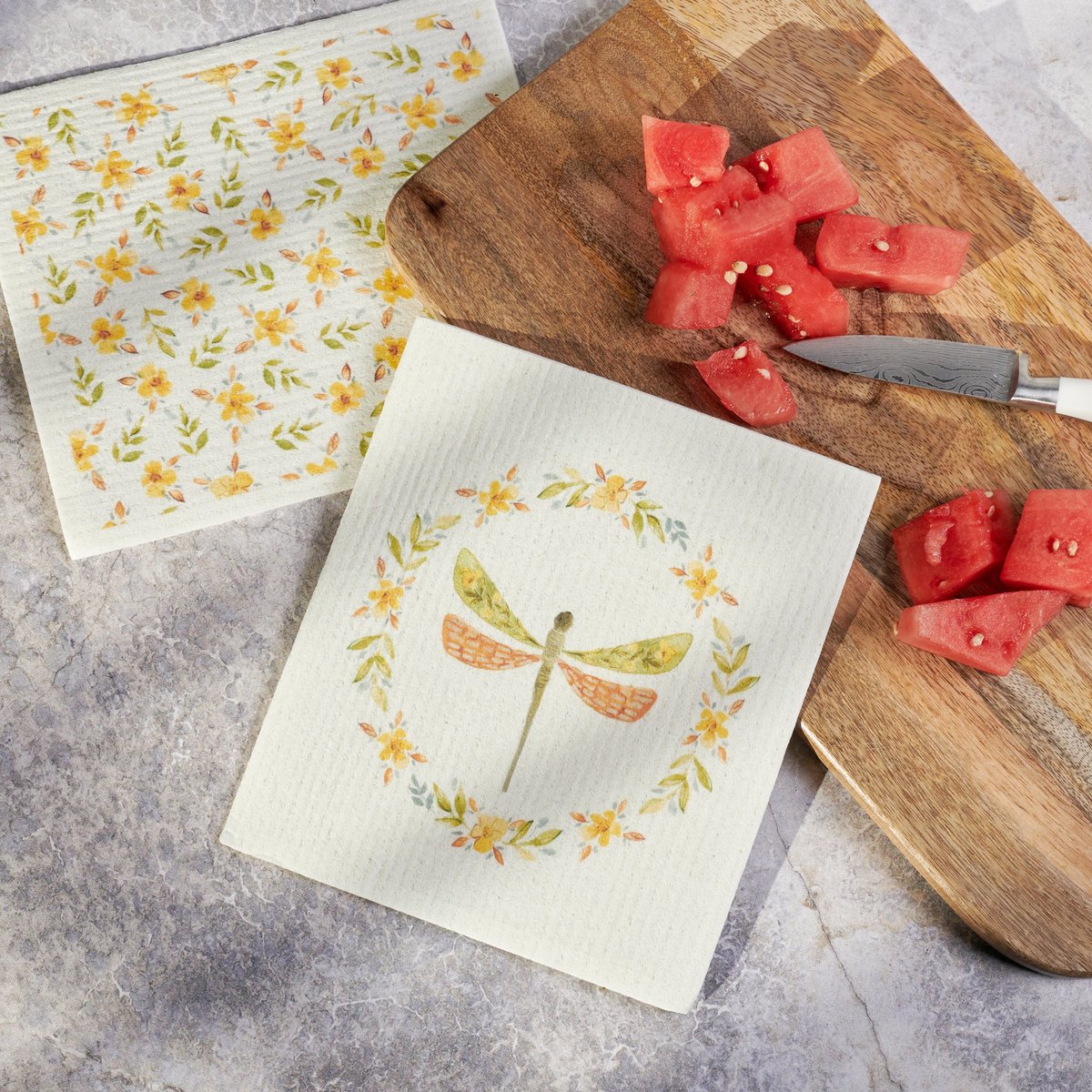 Eco-Friendly Swedish Dishcloth Set with Charming Dragonfly & Floral Art, 2-Pack