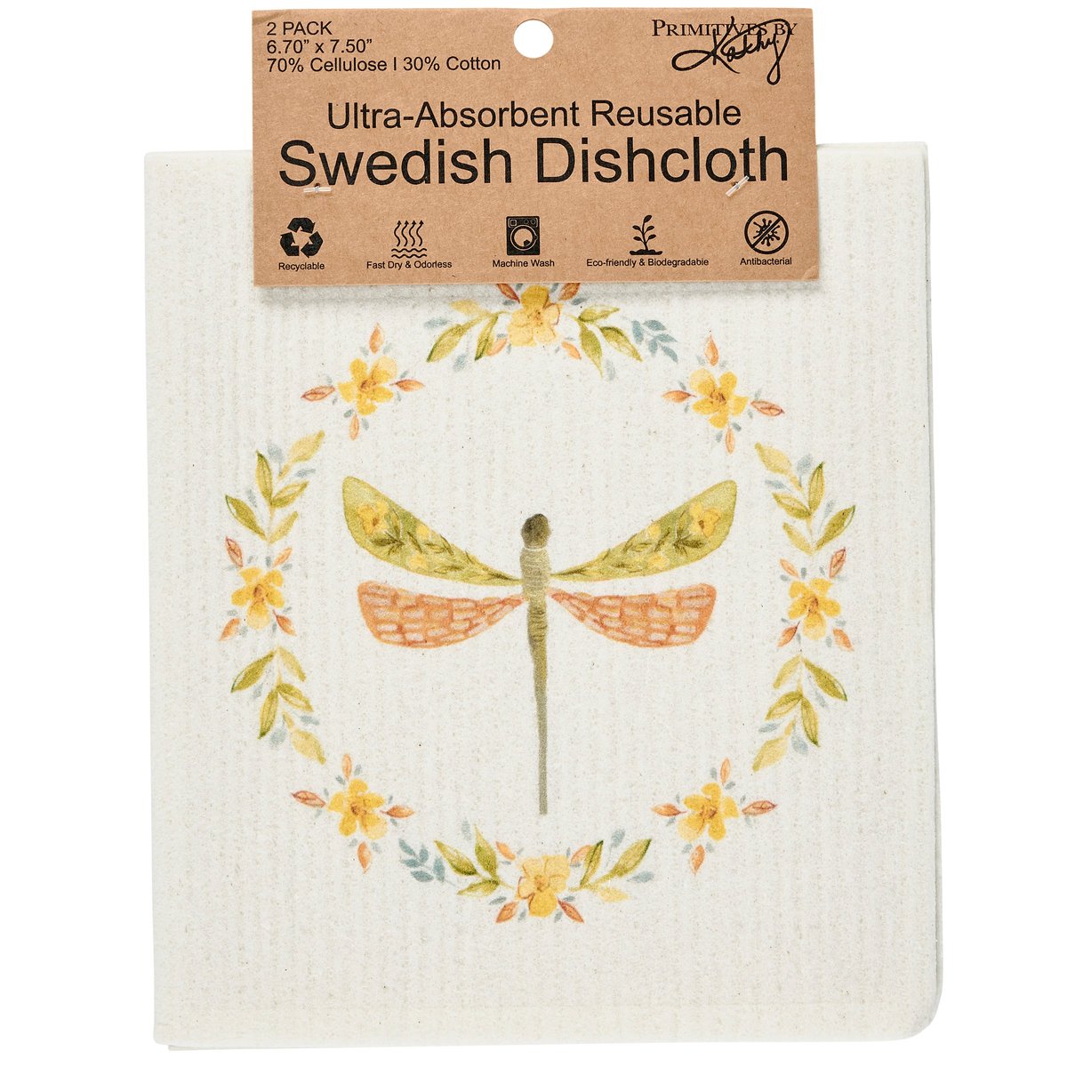 Eco-Friendly Swedish Dishcloth Set with Charming Dragonfly & Floral Art, 2-Pack