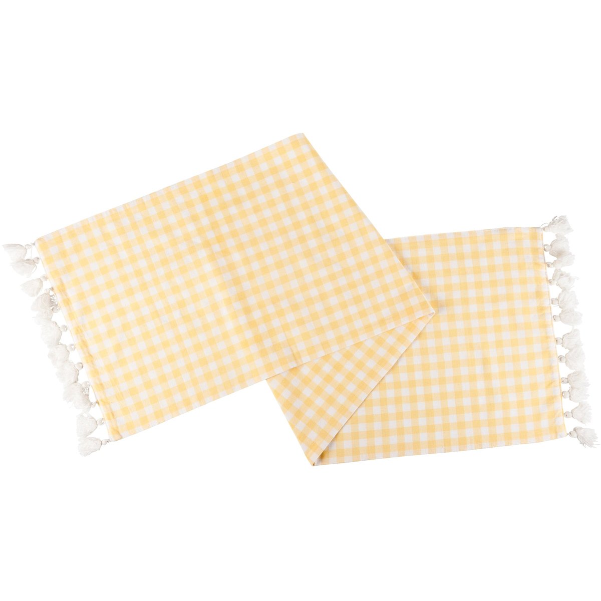 Reversible Yellow Gingham Cotton Table Runner with Tassels for Charming Decor