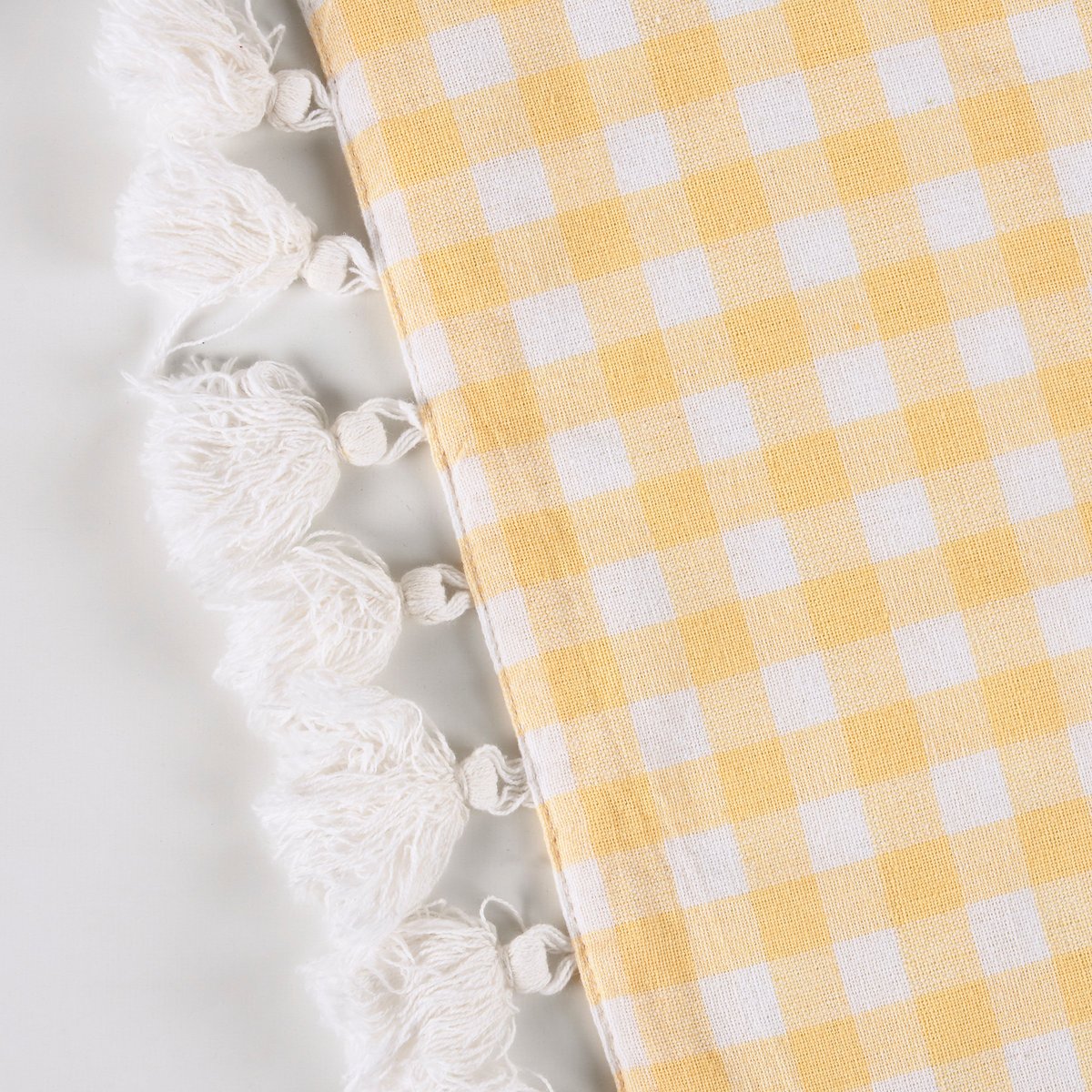 Reversible Yellow Gingham Cotton Table Runner with Tassels for Charming Decor