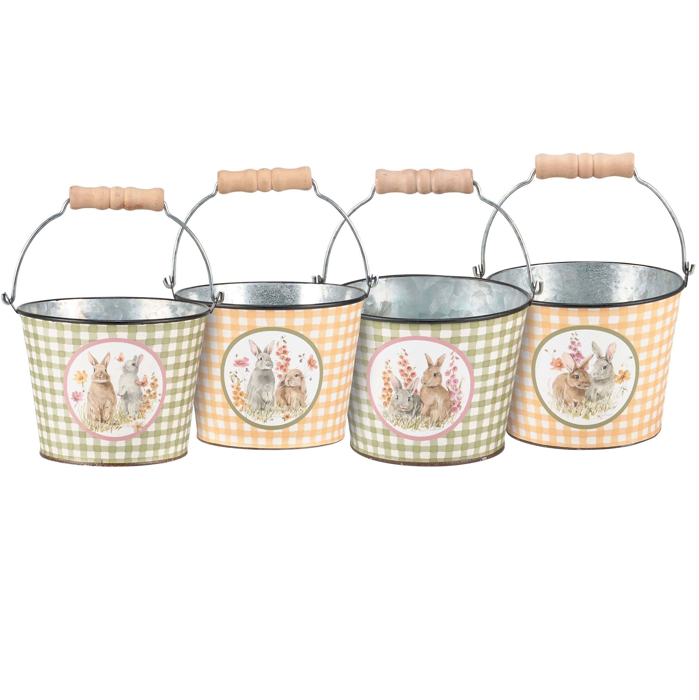 Adorable Hand-Painted Easter Spring Bunnies Gingham Decorative Metal Bucket Set