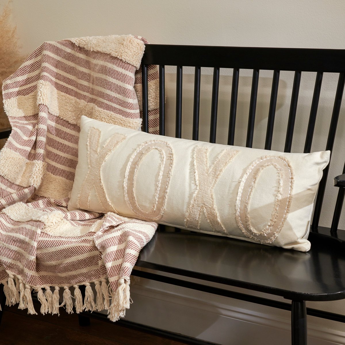 Charming XOXO Cream Cotton Pillow with Embroidered Accents, Machine-Washable Cover