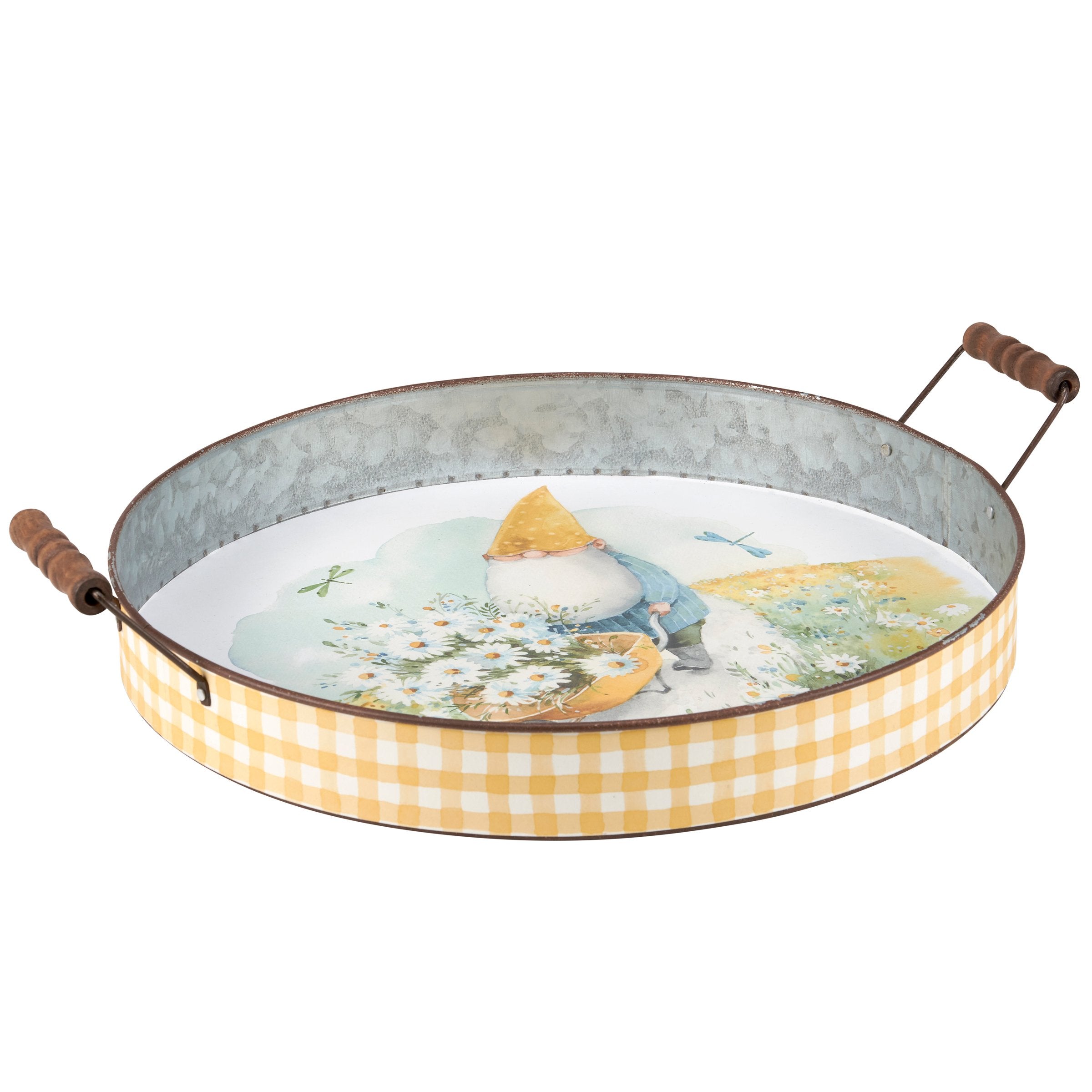 Charming Galvanized Metal Daisy Gnome Tray with Wooden Handles Home Decor
