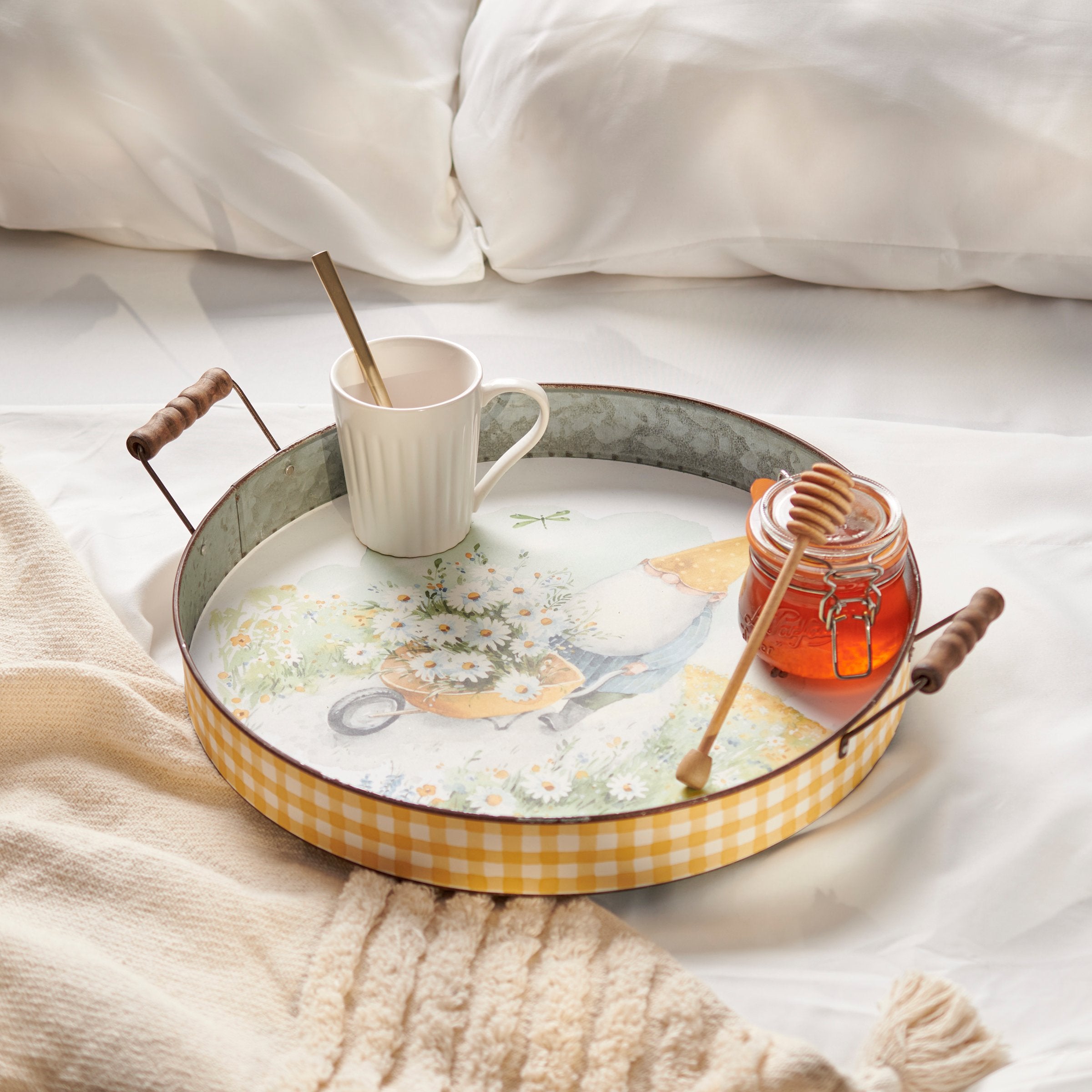 Charming Galvanized Metal Daisy Gnome Tray with Wooden Handles Home Decor