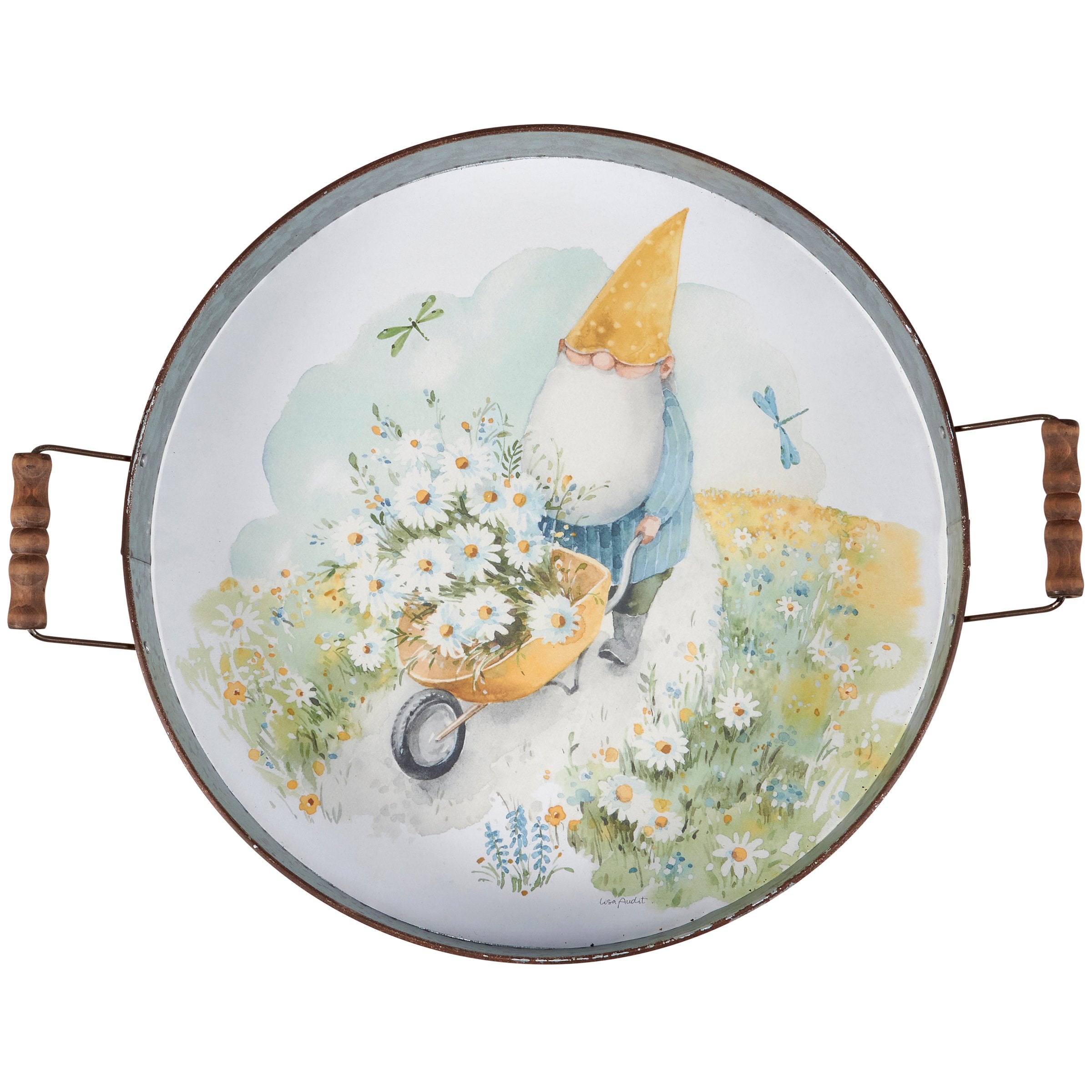 Charming Galvanized Metal Daisy Gnome Tray with Wooden Handles Home Decor
